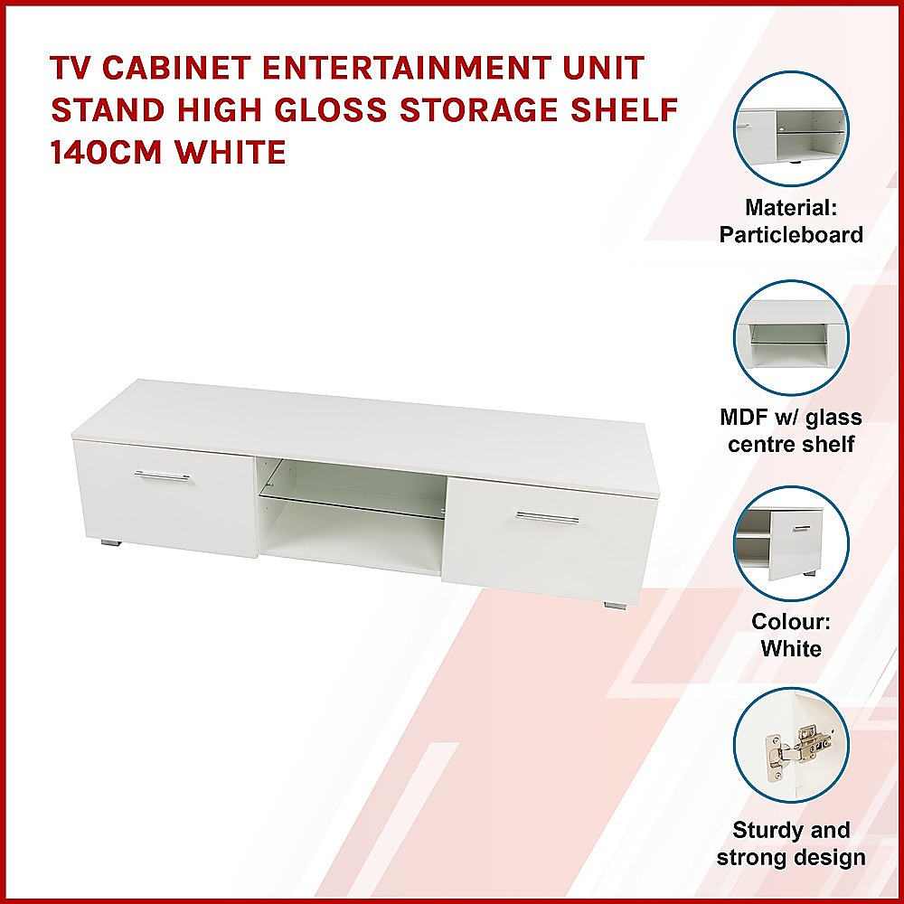 TV Cabinet Entertainment Unit Stand High Gloss Storage Shelf 140cm White — image 3