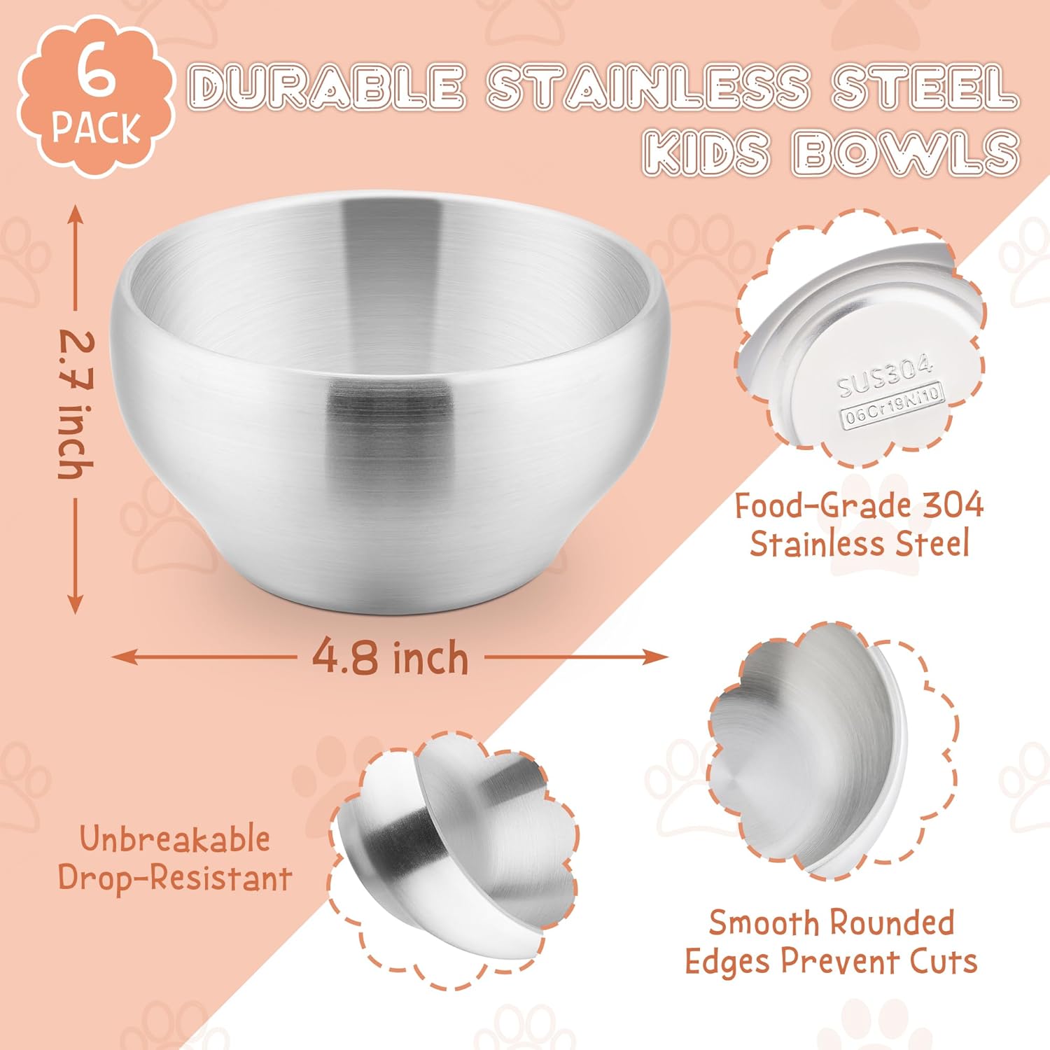 Stainless Steel Bowls for Kids-6 Pack, 12OZ Double Walled Baby Toddler Bowls for Baby Food/Cereal/Snack, 18/10 Non-Toxic Metal & Unbreakable, Dishwasher Safe — image 2