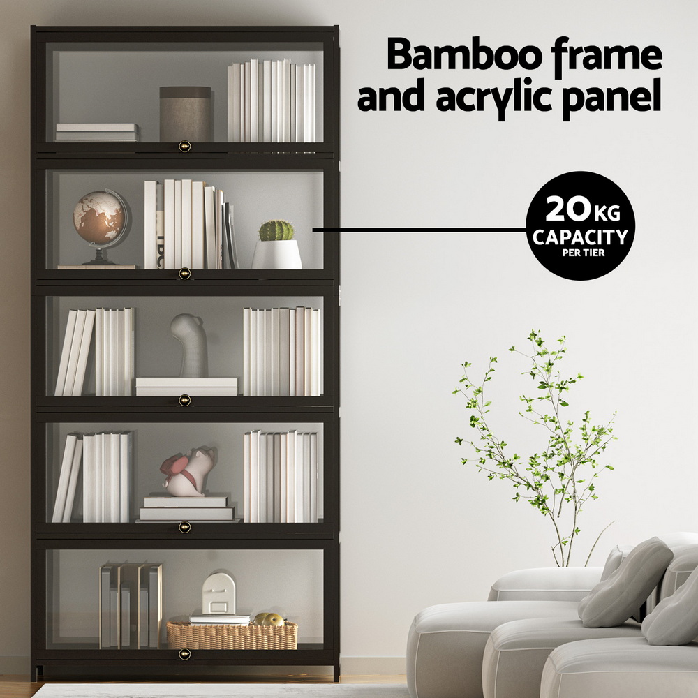 Artiss 5-Tier Display Cabinet Storage Bookshelf Clear Shelf Black โ image 5