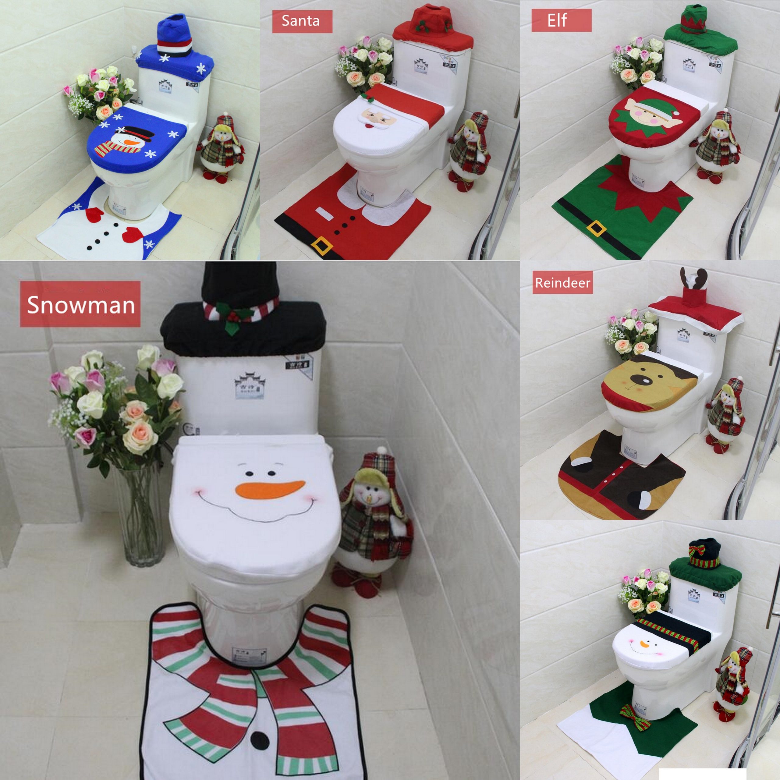 4pcs Christmas Toilet Seat Cover Rug Bathroom Set Santa Snowman Xmas Home Décor, Snowman A — image 2