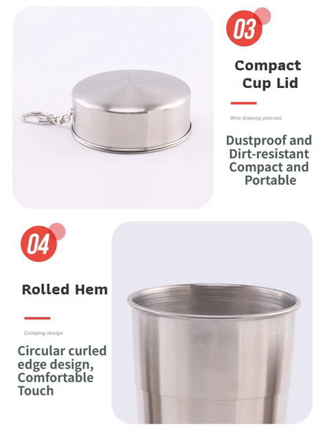 3-Capacity Gold Stainless Steel Collapsible Travel Cup Set(75ml + 150ml + 250ml) - Compact Telescopic Drinking Cup with Keychain & Dust-Proof Lid for Outdoor β image 5