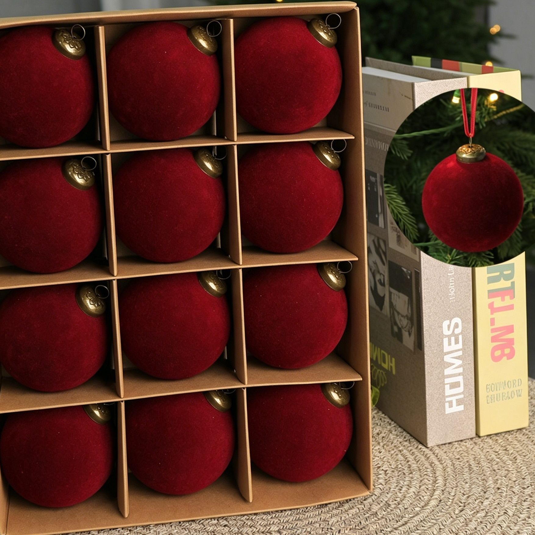 24pk Flocked Xmas Baubles Metal Cap, Burgundy 8cm — image 2