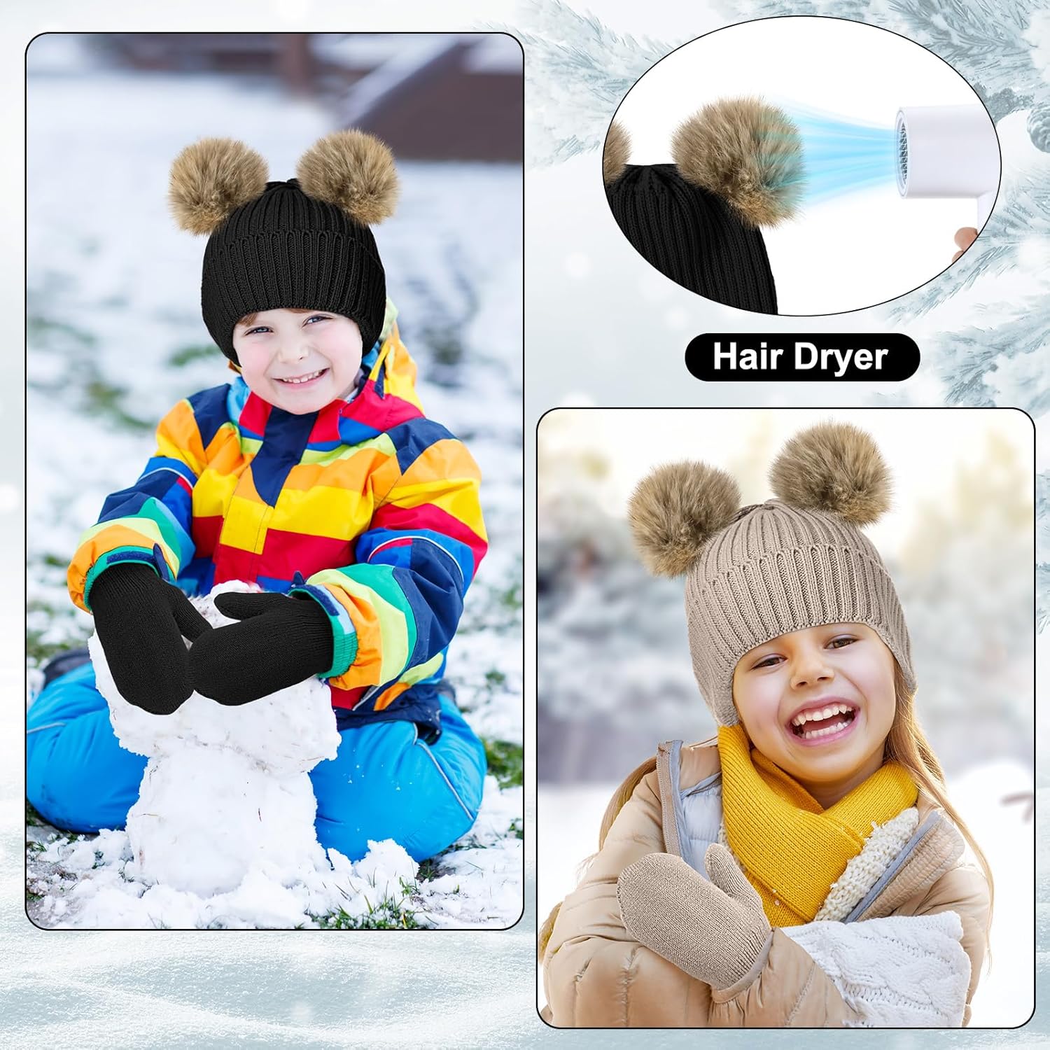3 Set Toddler Hat Glove Set, Kids Winter Hats Warm Knitted Beanie Mittens Gloves with Bow for Baby Girls Boys 0-6Y — image 6