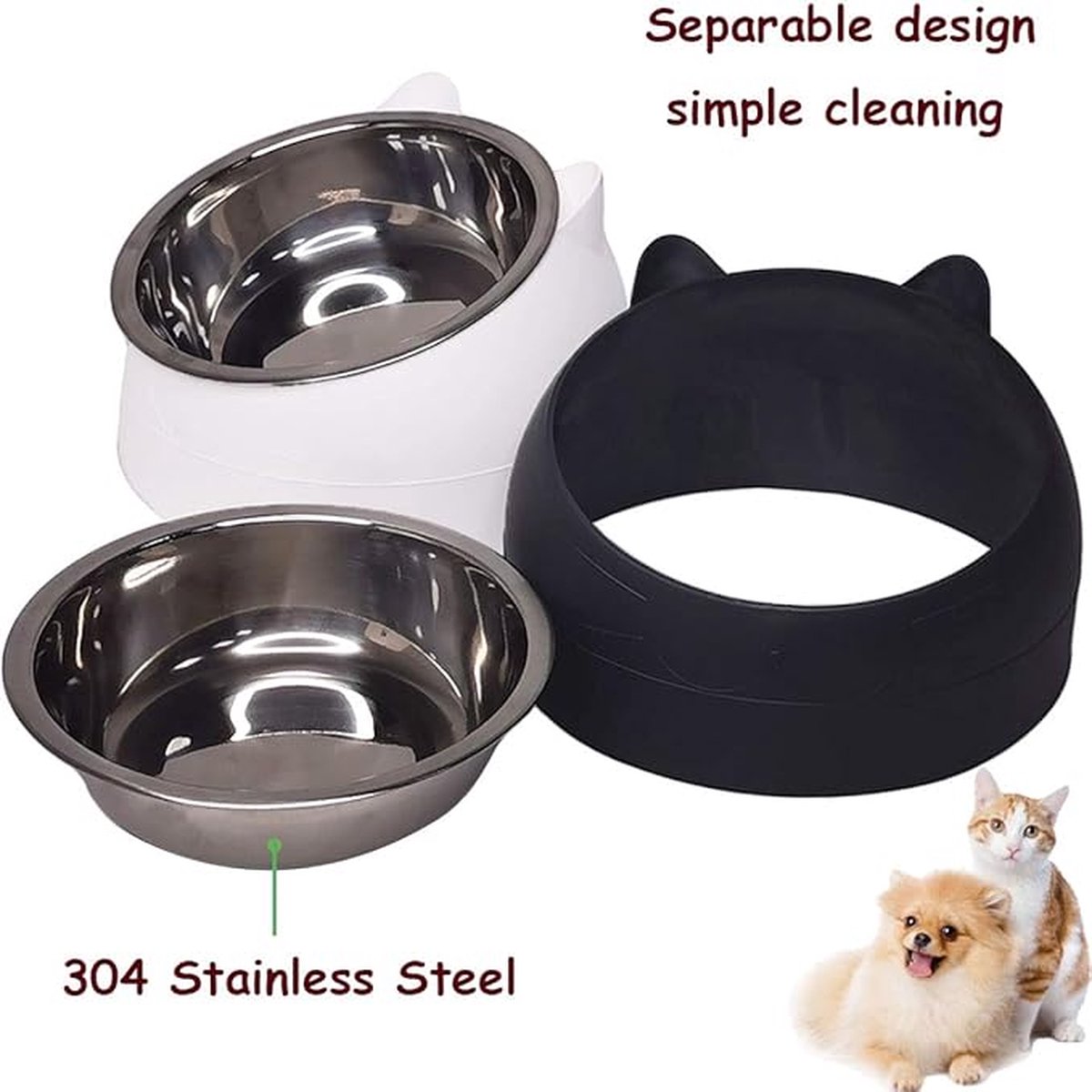 2 pieces - food bowls for cats - Dog food bowl - black, white - 200 ml - Drinking bowl for dogs and cats - Stainless steel - With cat head shape — image 4