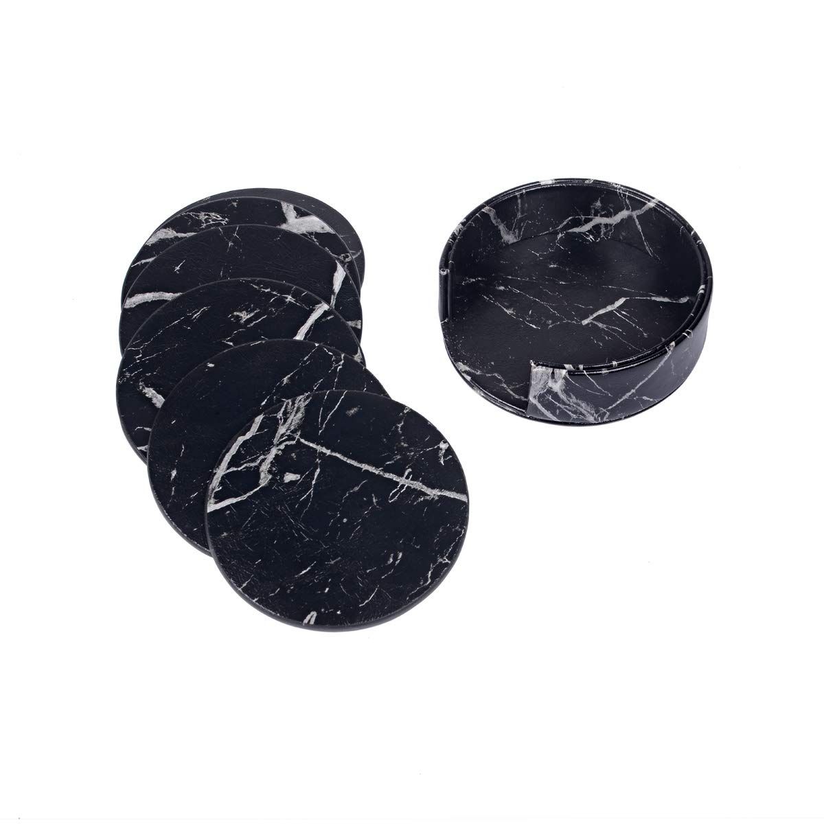 Coasters for Drinks, 6 PCS Premium PU Leather Drink Coasters with Holder, Heat Resistant Round Cup Mat Pad - Protect Table from — image 3