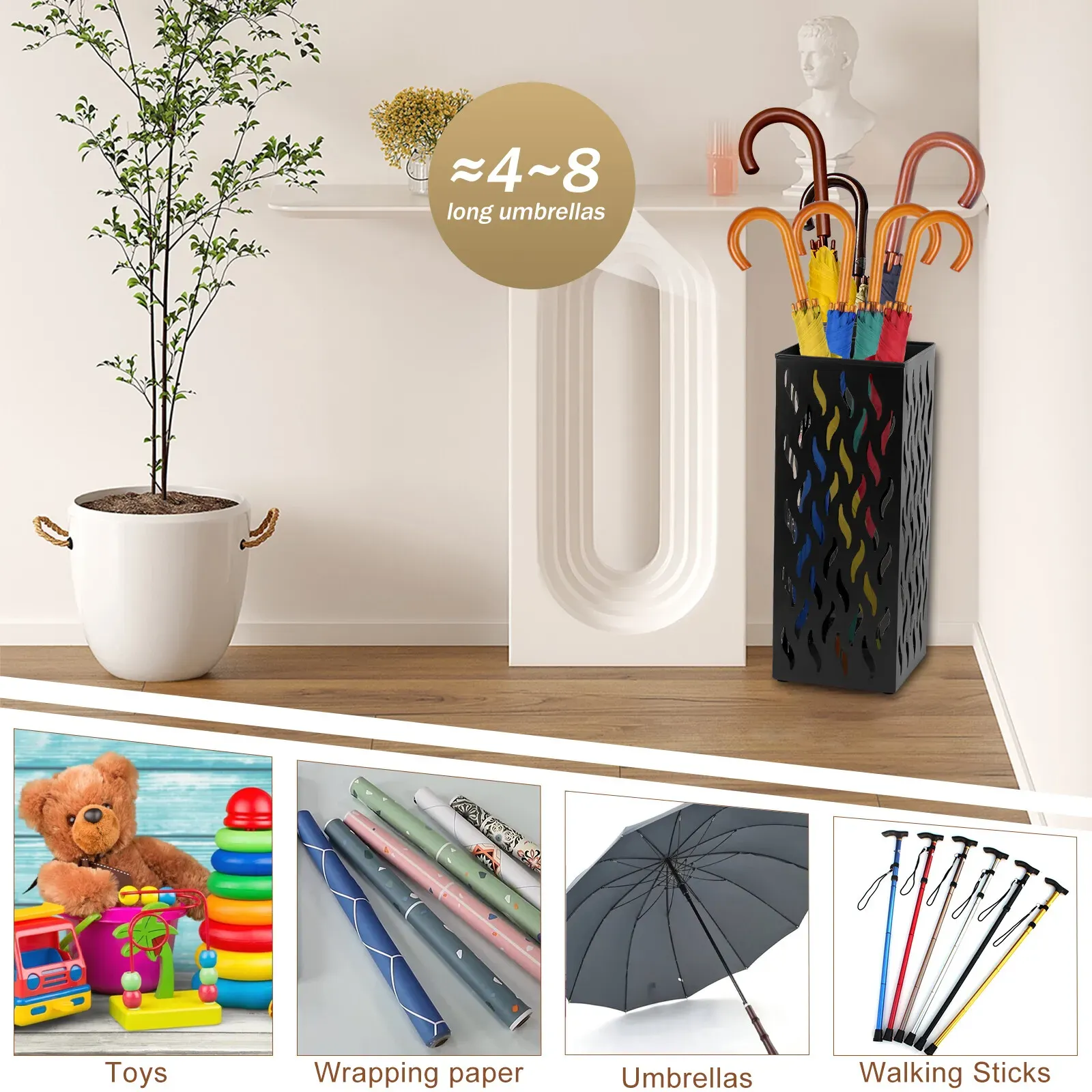 Rectangular Black Metal Umbrella Stand Holder - Space-Saving Design, 16.5x16.5x42cm โ image 3