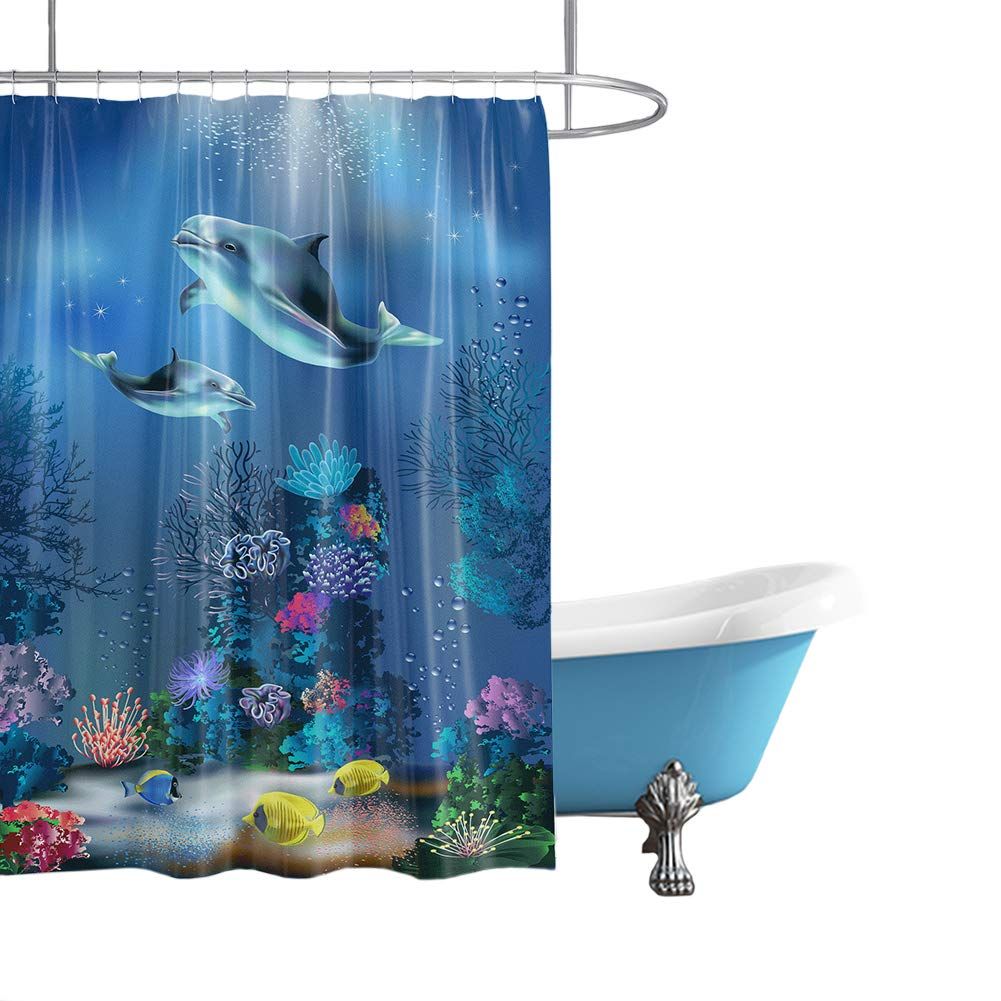 Cute Dolphin Shower Curtain Tropical Fish Colorful Coral Reef Shower Curtain Marine Life in Deep Blue Ocean Bathroom,72x72 inch