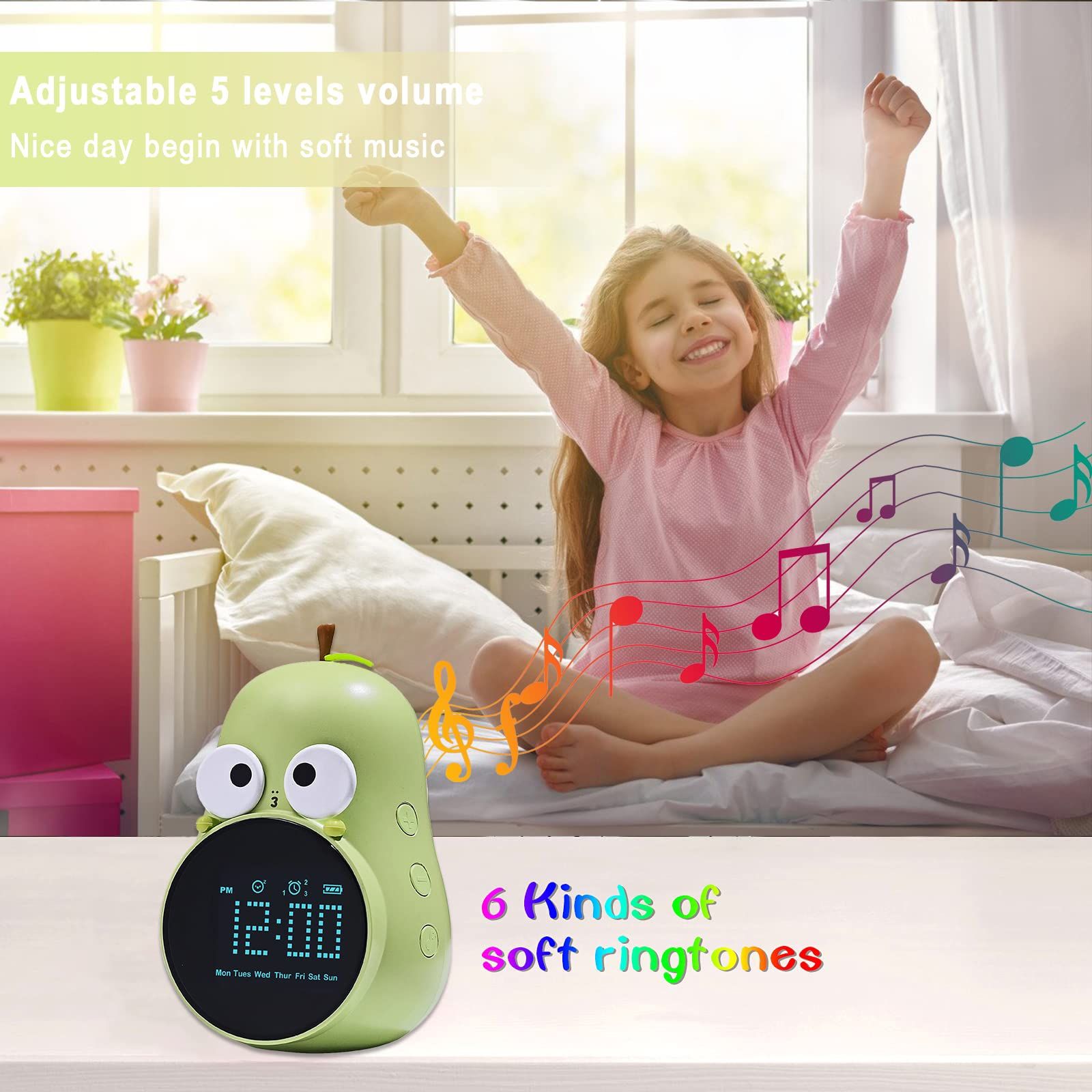 Alarm Clock for Kids: Cute Pear Design, Triple Alarms, 5 Ringtones- Premium Digital Wake Up Clock for Children's Bedrooms — image 4