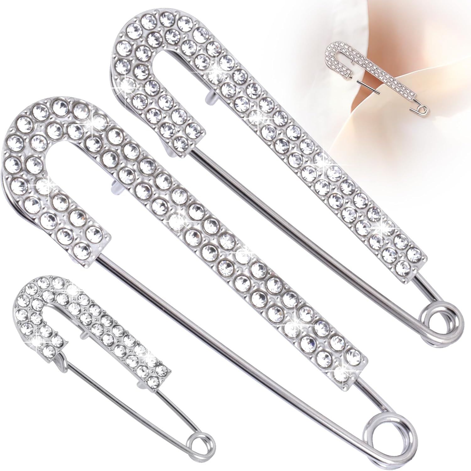 3pcs Large Rhinestone Safety Pins, Sparkly Decorative Brooch Pins for Clothes, Shiny Crystal Brooch Clips for Sweaters Shawl Scarf Jeans Skirts Dress Hat