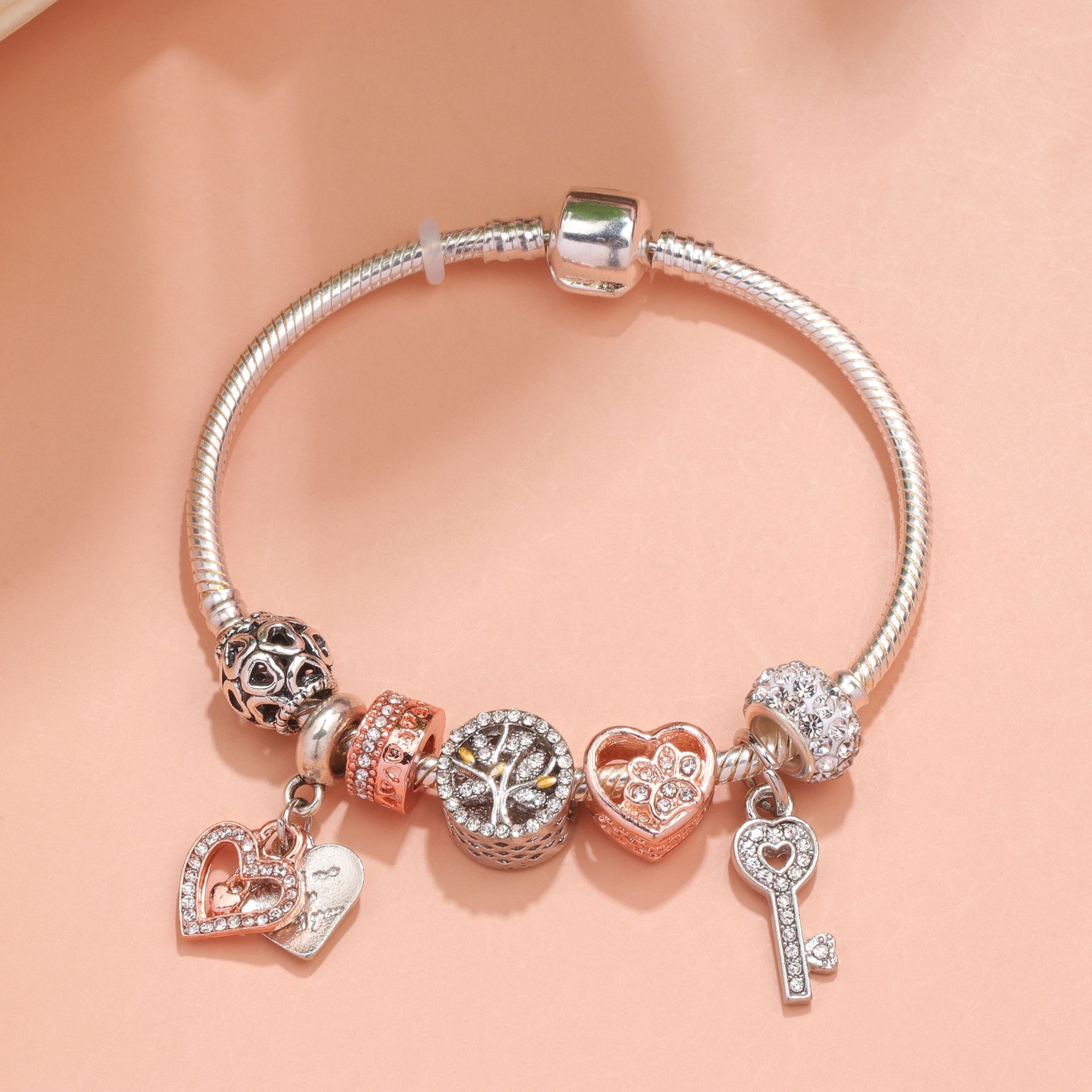 Crystal-studded Hollow Heart Key Tree of Life Bracelet(silver,18cm) โ image 3