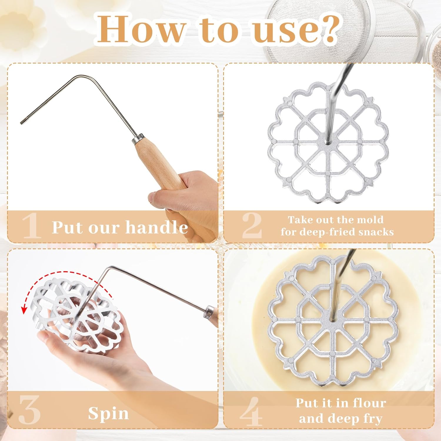 6 Pcs Rosette Iron Mold Set Bunuelos Mold with Handle Cooking Stamp Maker Kit Cookie Cutter Aluminum Alloy Waffle Maker with 3 Interchangeable Head Star Flower โ image 4