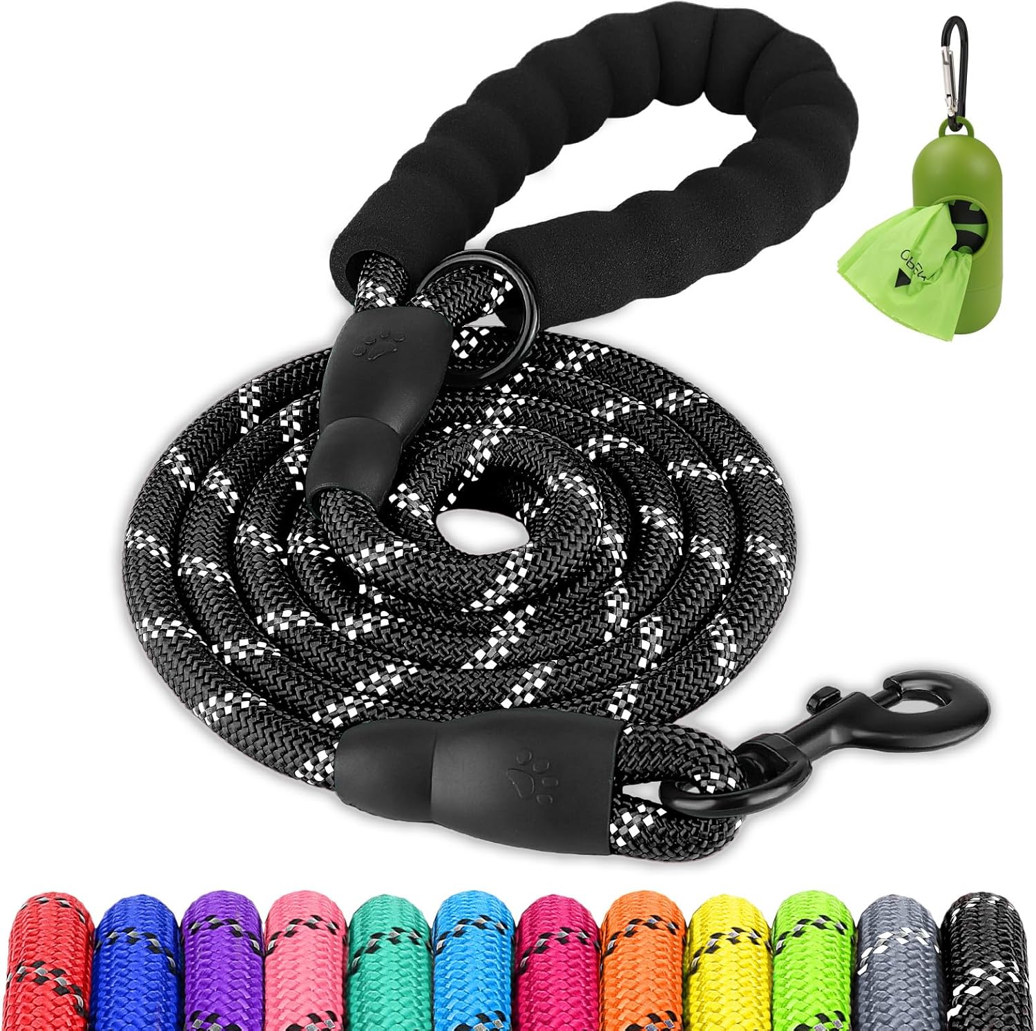 Dog Leash for Large Dogs, Heavy Duty Nylon Leashes with Comfortable Padded Handle and Highly Reflective Threads, Ideal Walking Training, Black, 6'×1/2'' Black