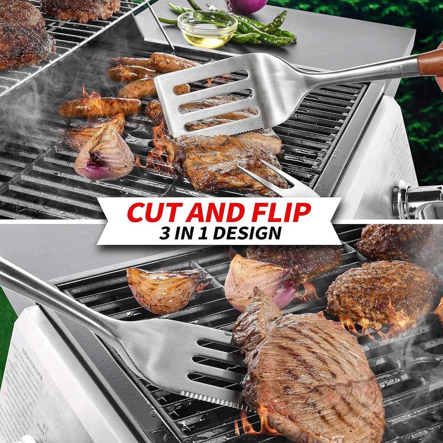 Heavy-Duty Rose Wooden BBQ Grilling Tools Set. Extra Thick Stainless Steel Multi-Function Spatula, Fork & Tongs — image 5