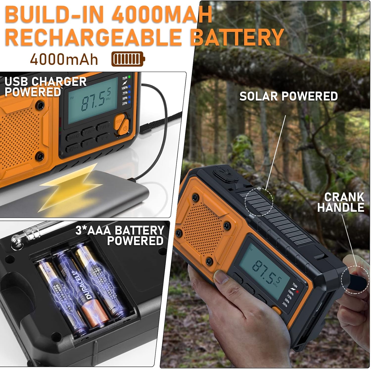 Hand-crank emergency radio - Portable AM/FM and shortwave radio - Supports charging via solar power/USB/hand crank - Equipped with a 4000 mAh rechargeable — image 3