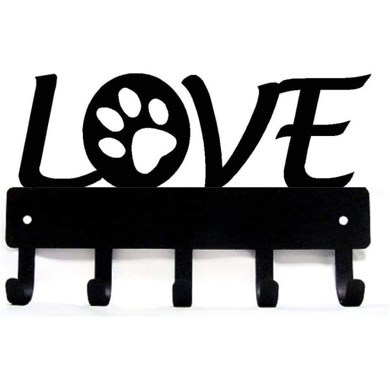 Love with Dog Paw Key Rack Hanger & Holder- Small 6 inch Wide - for Hanging Coats, Black No Rust Hooks for Scarf, Bag, Towel
