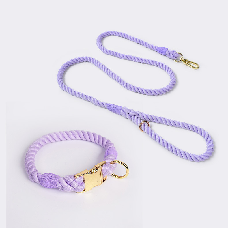 Handmade Rope Dog Collar and Leash Set - Colorful Woven Cotton (Purple - Size M)