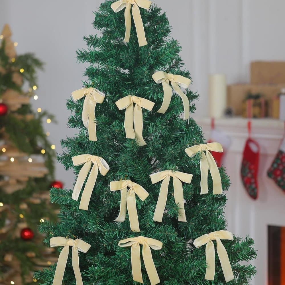 12 Christmas Bows Velvet Tree Decorations in Beige, 6-inch — image 5
