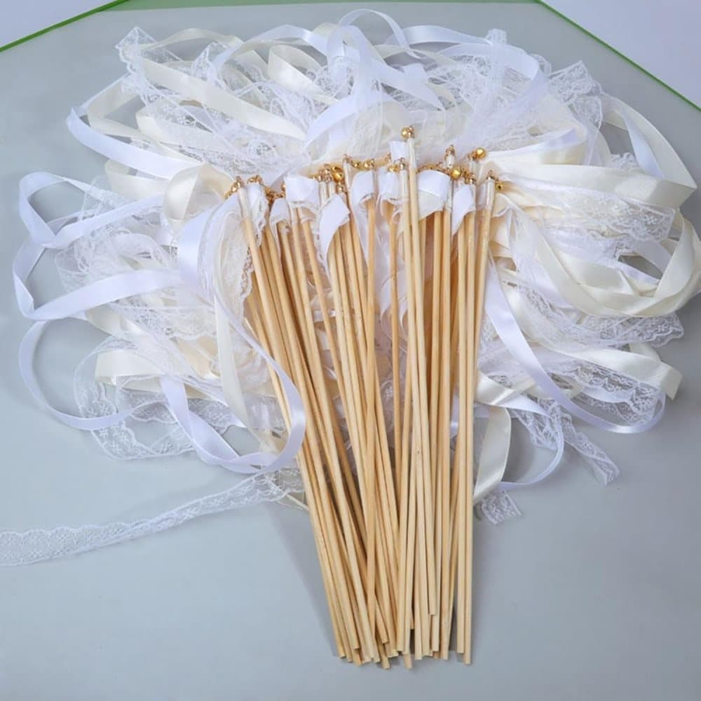 30 Pack Satin & Lace Ribbon Wands with Bells for Wedding & Party Decor, 30cm Beige — image 2