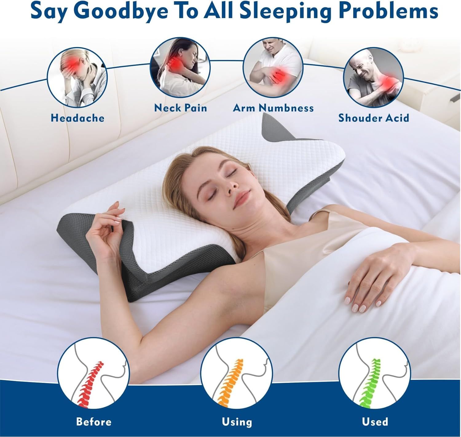 Bamboo Cervical Pillow for Neck and Shoulder Pain Relief Ergonomic Bed Pillow, Cooling Ergonomic Memory Foam Pillow Butterfly Shape for Side Back Stomach — image 6