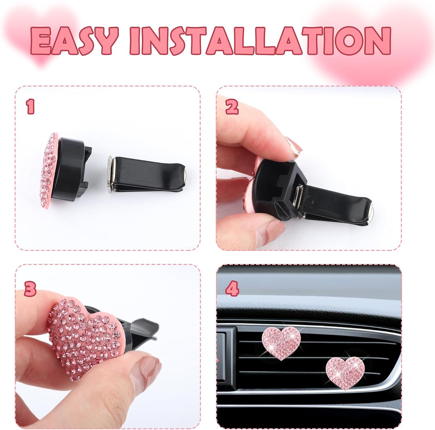 4PCS Heart-Shaped Car Vent Clips with Rhinestone,Bling Air Vent Clips Car Decorations,Premium Shiny Car Clips for Vents Accessories Interior (Red) — image 6