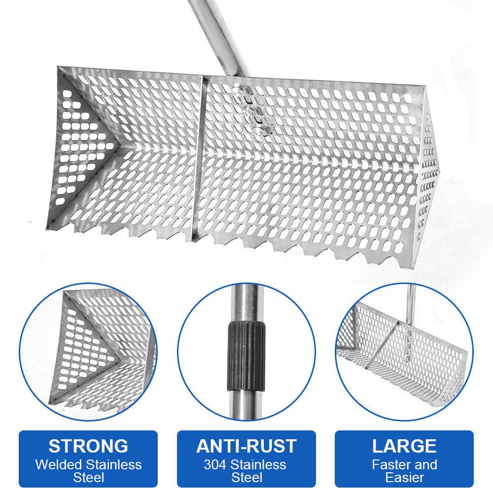 Beach Rake Stainless Steel Sand Flea Rake 140cm Long Detachable Handle and Shark Tooth Wide Sifter for Easy Sand Flea Removal with Bonus Basket and — image 3