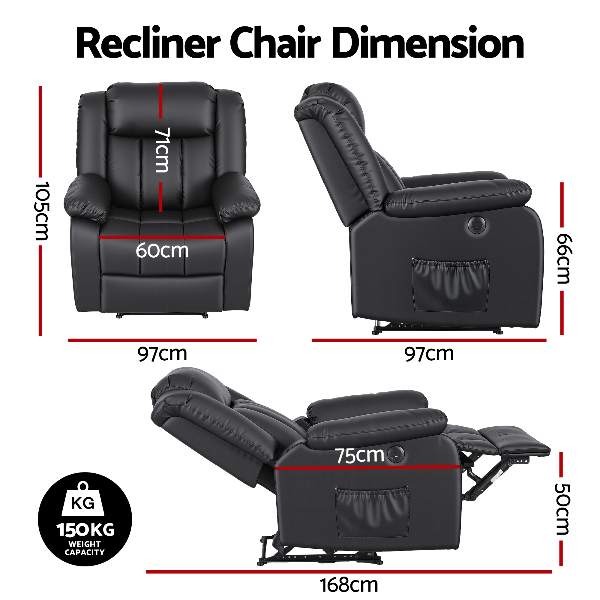 Artiss Manual Massage Recliner Chair for Living Room, Leather Sofa Lounge Reclining Chair with 2 USB Port, 160° Recline Reading Chair with 20CM Wide Armrests — image 2
