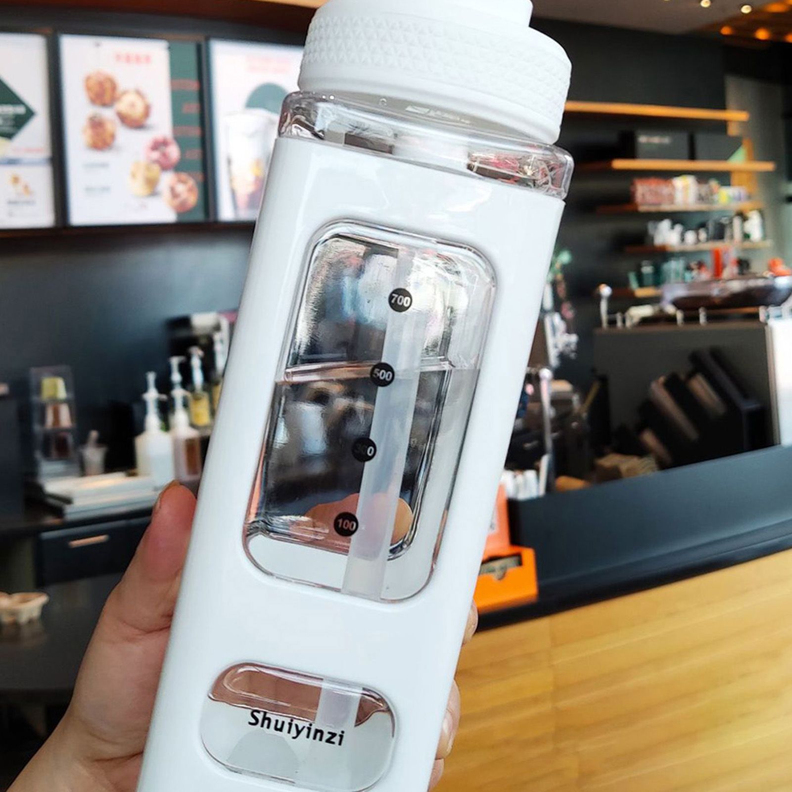 Straw Water Bottle with Marker 700ml Large Capacity Double Layer Water Jug for Home Gym School White — image 2