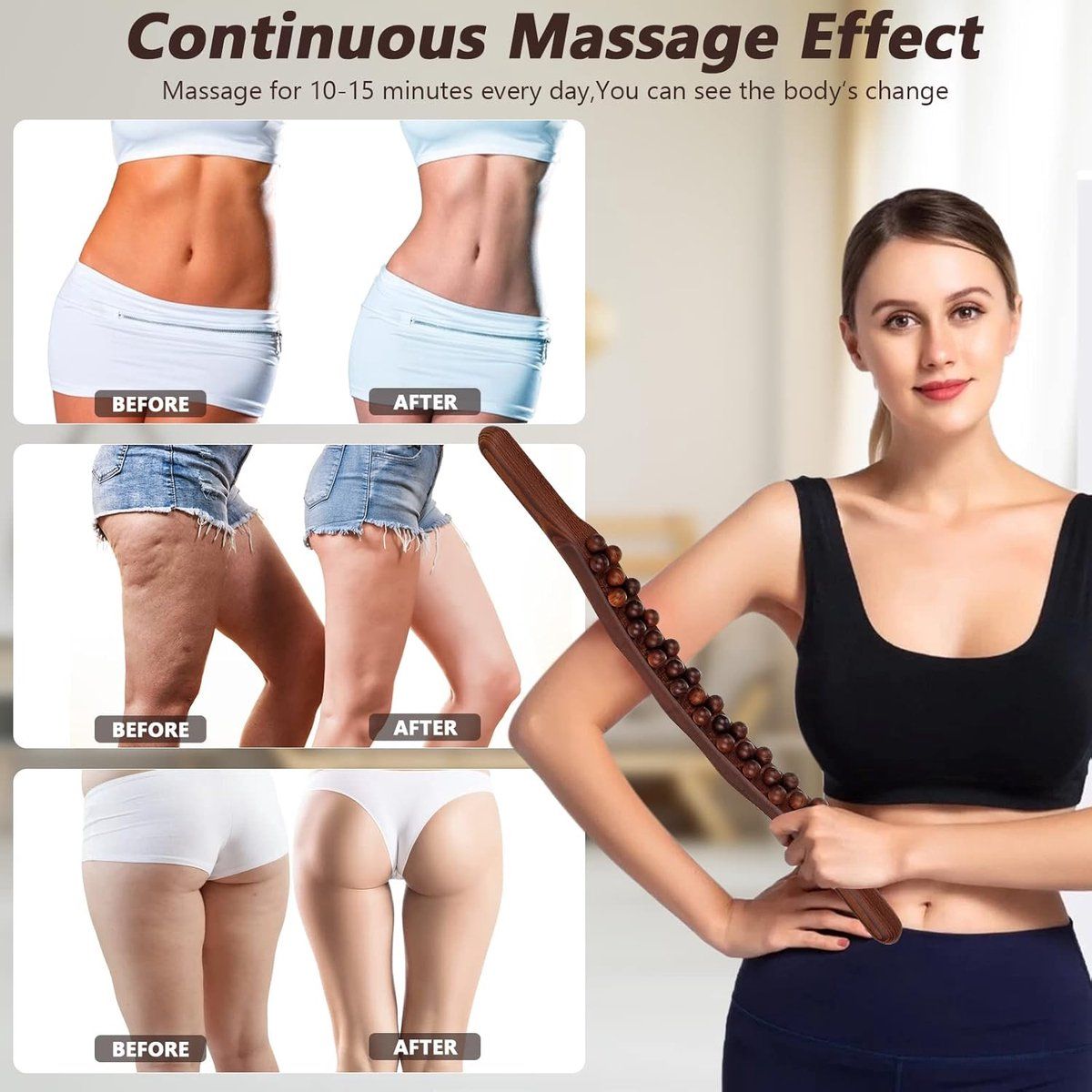Massage Ball, Gua Sha Wooden Tool, 31-Bead Back Massager Roller, Body Sculpting Lymphatic Drainage Massager, 59cm, Brown โ image 2
