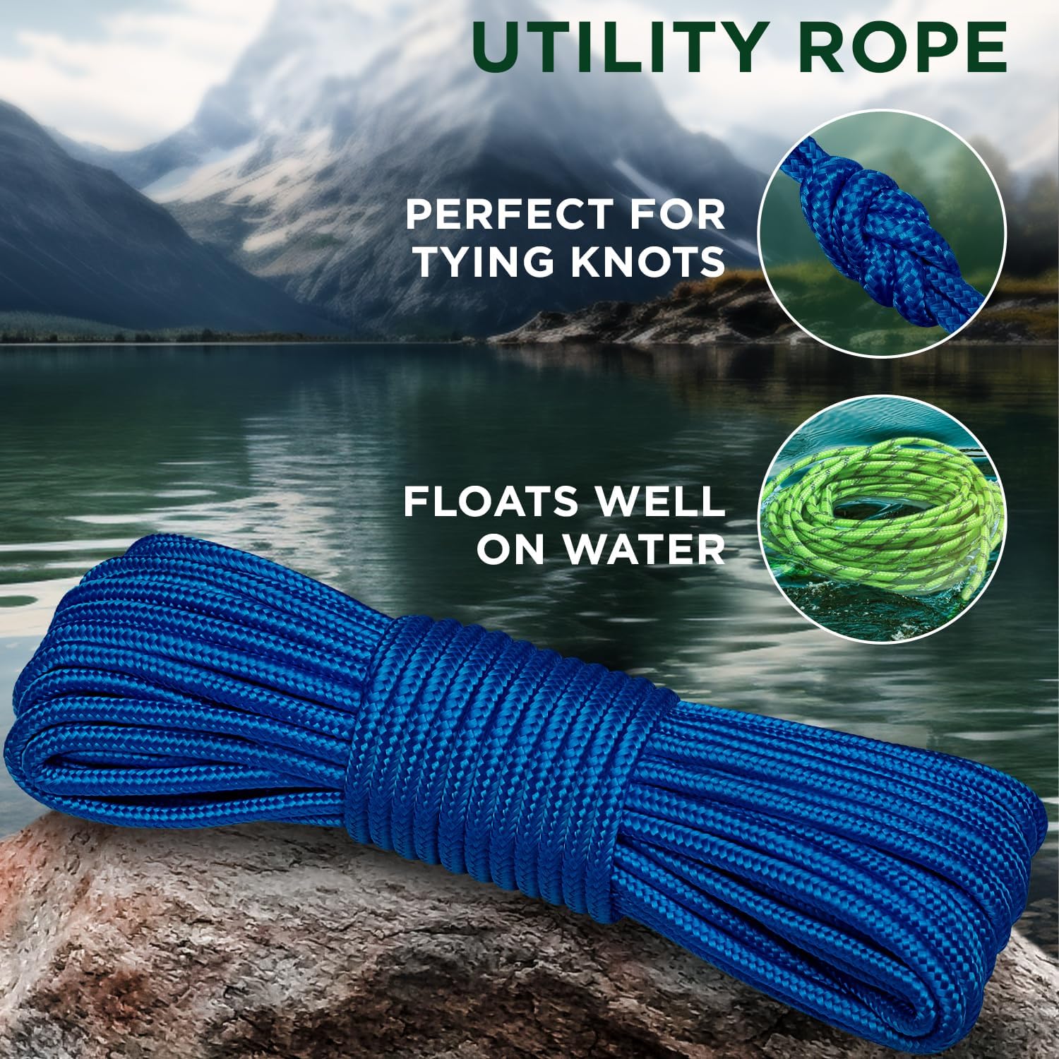 Rope – 90 Feet x 1/4 Inch (7mm) – Blue – Strong All-Purpose Utility Rope – Camping, Crafting, Flag Pole, Indoor & Outdoor – Polypropylene Nylon Poly — image 3
