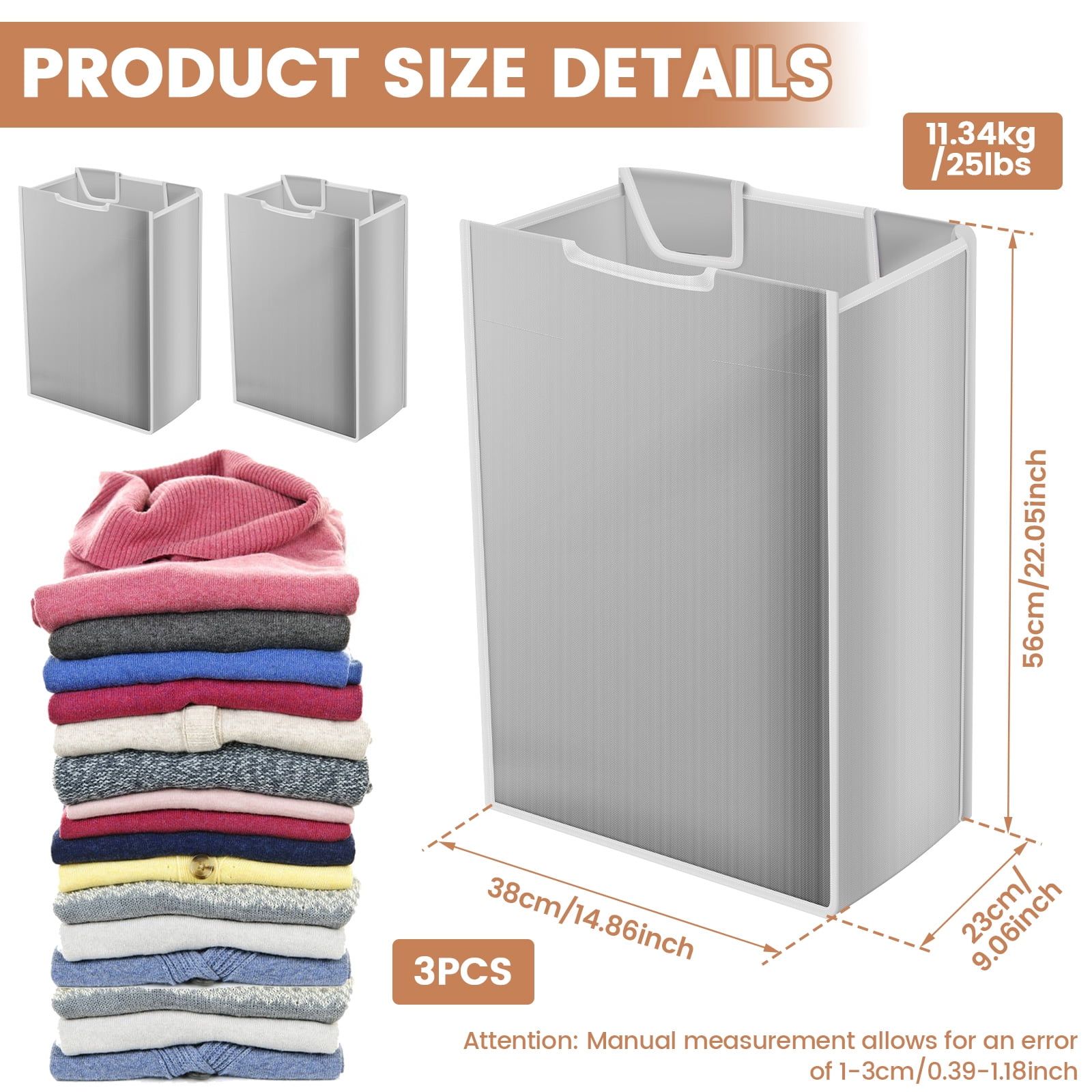 3 Pcs Laundry Sorter Cart Replacement Bags, Heavy Duty Oxford Hamper Liners for 3 Section Carts, Gray โ image 2