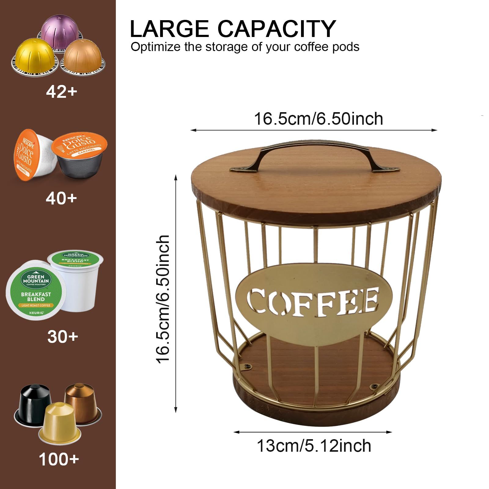 Round Coffee Pods Holder with Wooden Lid and Base,Wire Coffee Pods Storage Basket for Home Cafe Bar Countertop Decor(Gold) — image 3