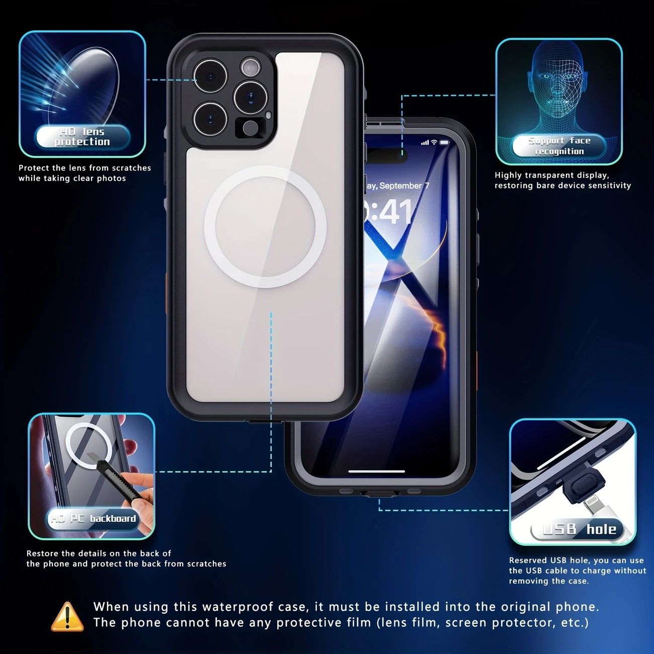 iPhone 16 Plus Waterproof Phone Case IP68 Drop Protection Snow Dust Resistant with Lanyard for Swimming Skiing Off Road Adventures(blue) — image 5
