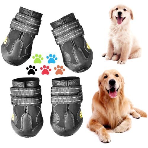Dog Boots & Paw Protectors Non-Slip Waterproof | Dog Booties Adjustable Straps for Hot Pavement and Winter, Dog Shoes for Medium to Large Dogs 4Pcs with Rugged
