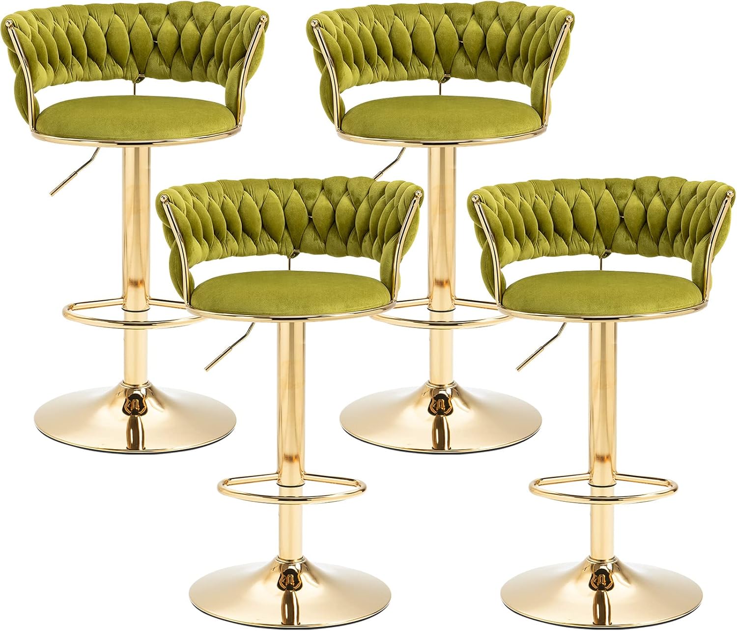 SERENITà 2x Height Adjustable Swivel Bar Stool Velvet Golden Base Barstools Chairs Padded Seat Olive Green — image 2