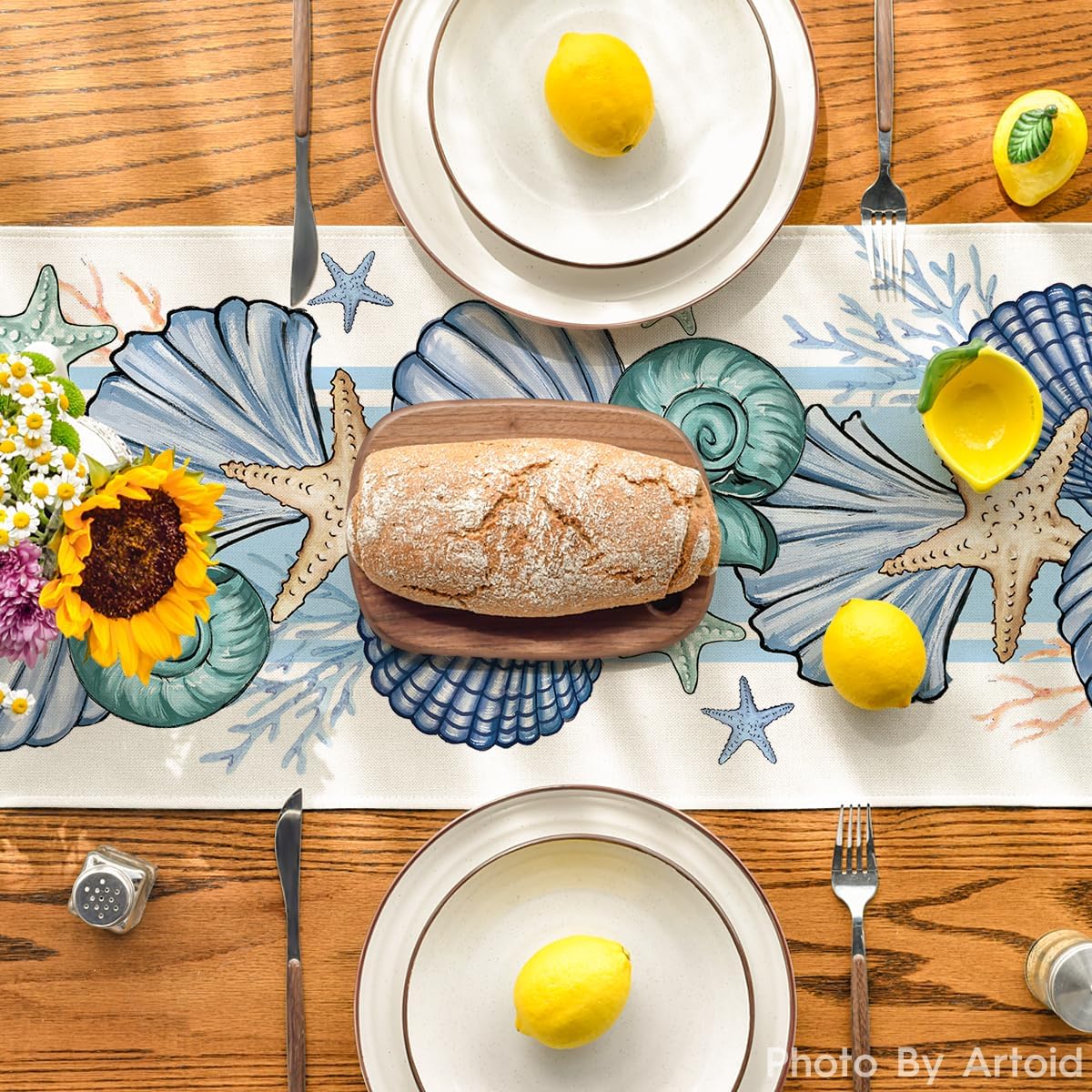 Sea Shell Starfish Summer Table Runner,Spring Ocean Kitchen Dining Table Decoration for Home Party Decor 13x72 Inch โ image 3