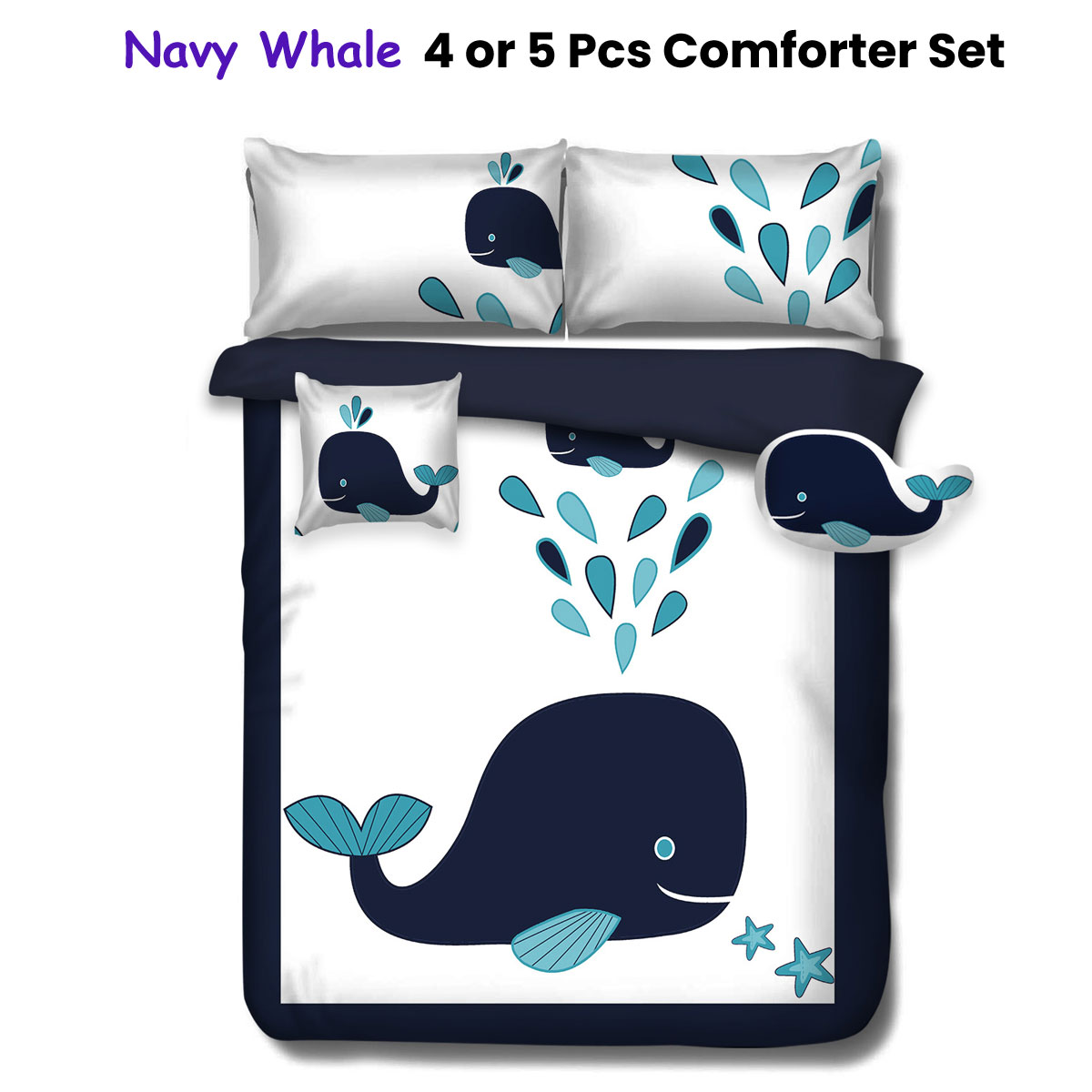 Ramesses Navy Whale Kids Advventure 4 Pcs Comforter Set Single โ image 2