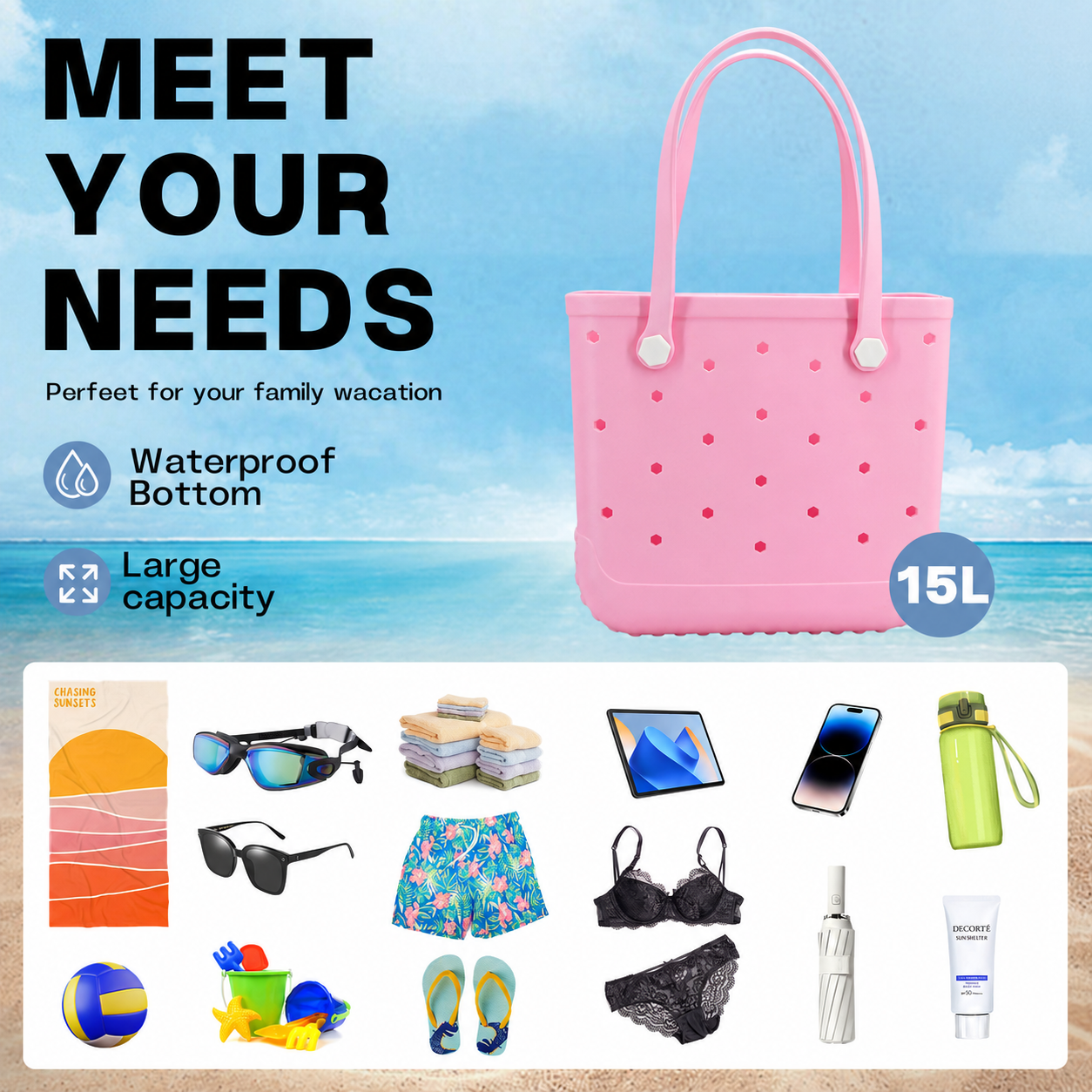 Waterproof Hexagon Mesh Beach Bag - Large Capacity Travel Storage Tote for Swimwear Towel Sunglasses - Pink Medium 37x32x13cm — image 4