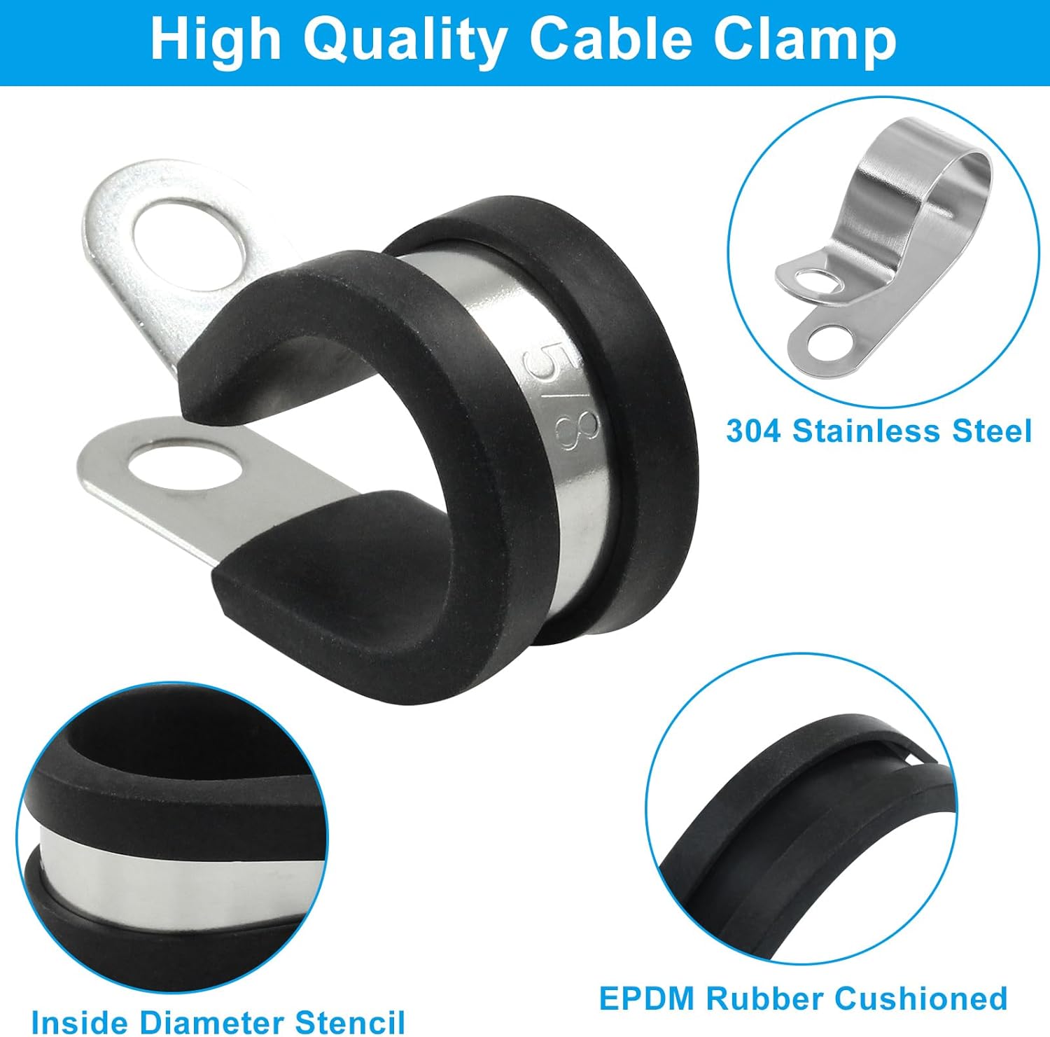 20 PCS 5/8 Inch Cable Clamp 304 Stainless Steel Pipe Clamp, Rubber Cushioned Insulated โ image 4