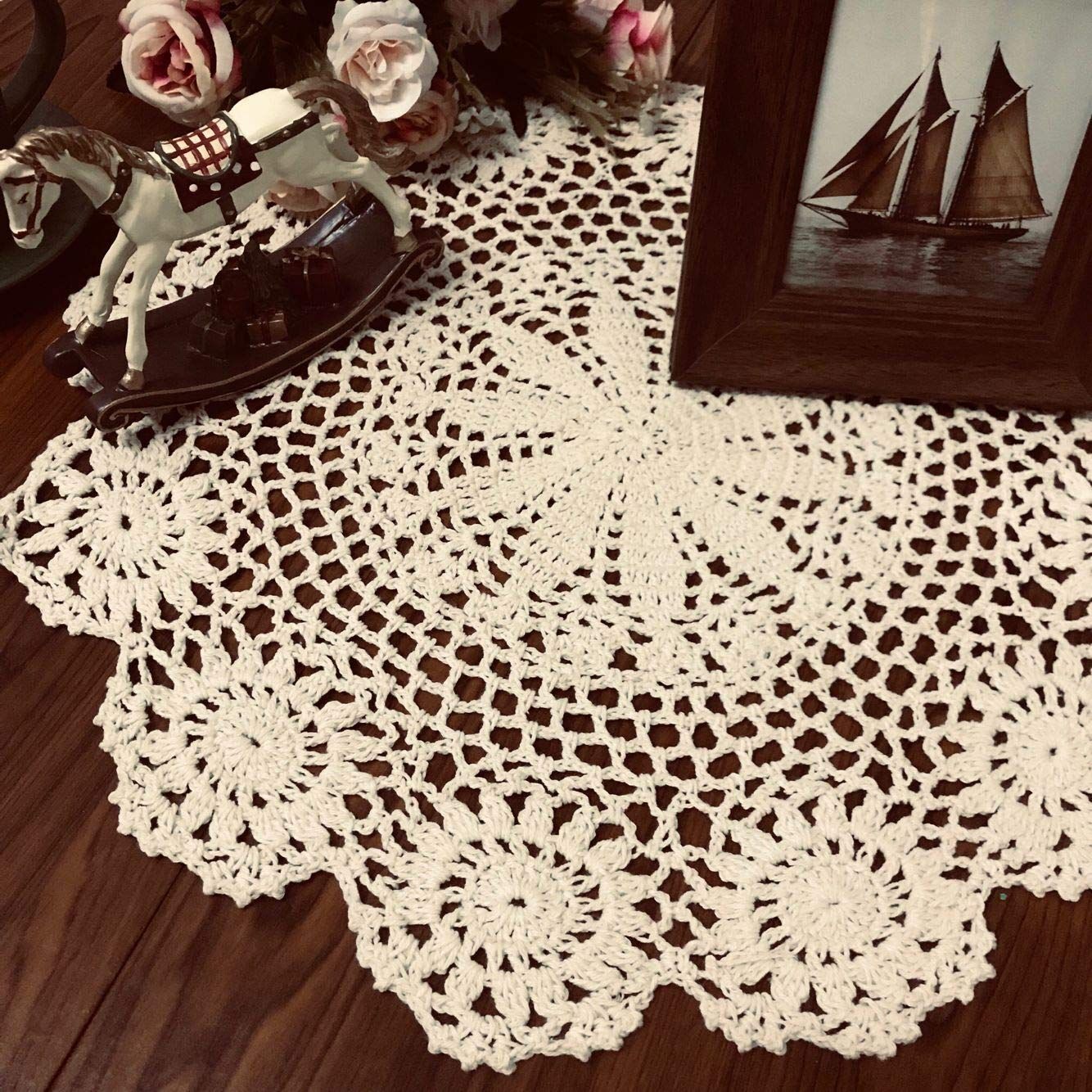 Beige 13 Inch Round Handmade Cotton Lace Tablecloths Placemats,for adding a vintage touch to your home decoration,2 PCS — image 2