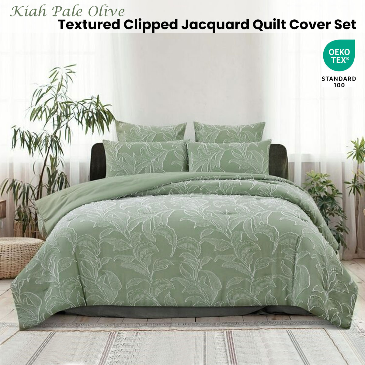 Ardor Kiah Pale Olive Textured Clipped Jacquard Quilt Cover Set Queen — image 2