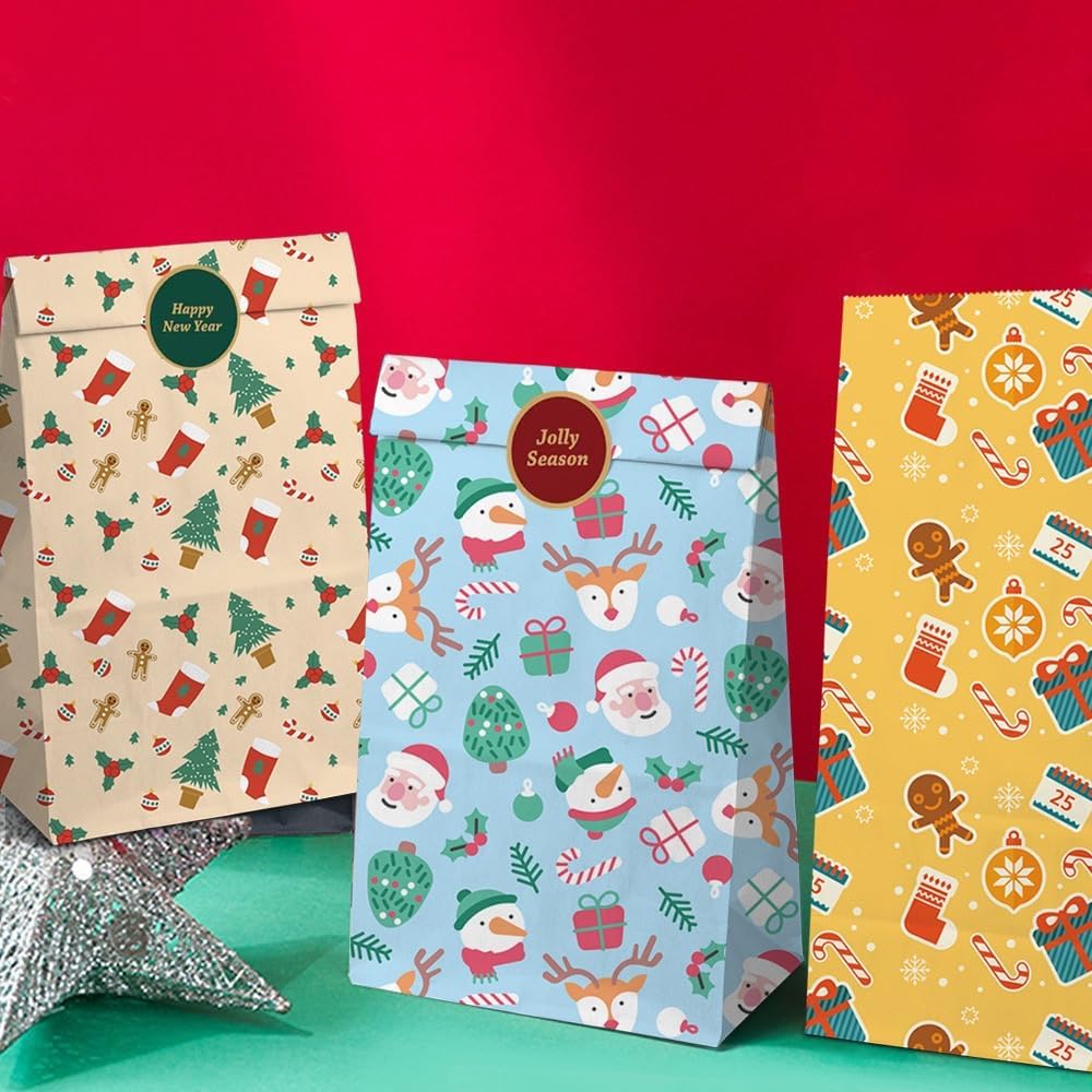 24 Pack Kraft Paper Christmas Gift Bags with Festive Prints and Sealing Stickers for Treats, Small Presents and Party Favours โ image 5