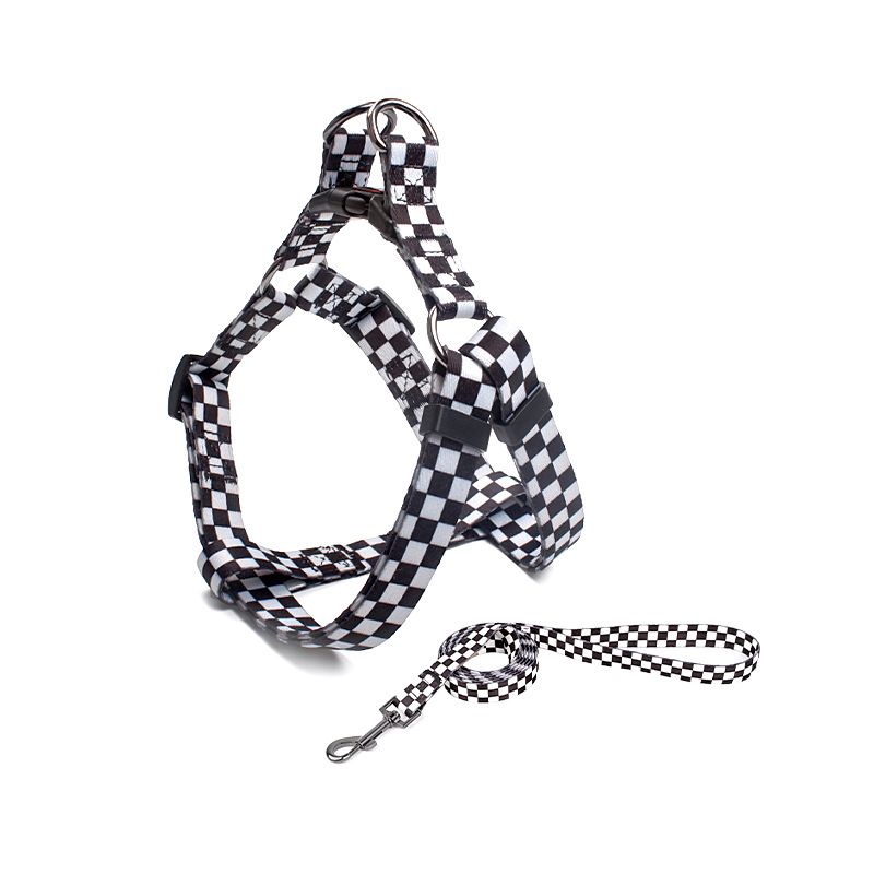 Pet Dog Chest Strap Harness Set Polyester Black and white grid (chest back + traction rope) Code L