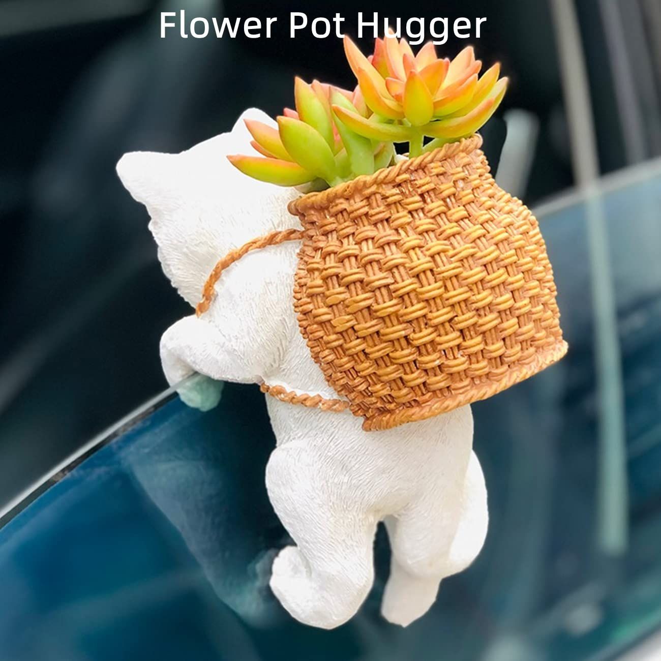 Planter Pot Hanger, Cute White Cat Outdoor Statues with Basket for Flower Pot Decor, Fish Tank Decor, Desk Decor, Table Decor — image 3