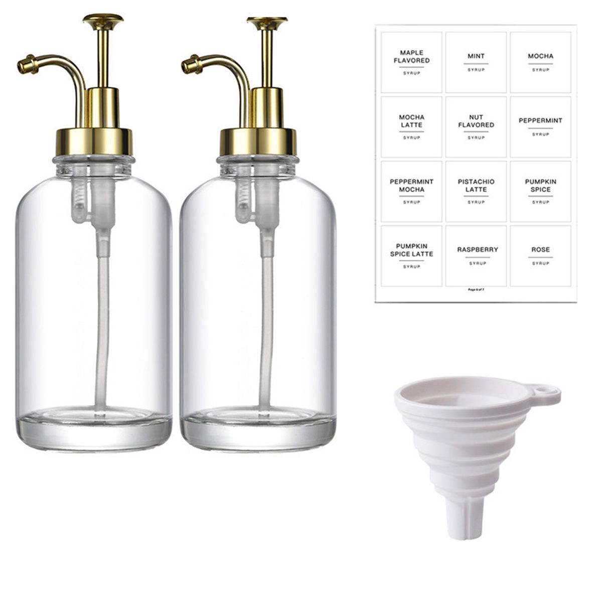 Syrup Dispenser for Coffee Bars, Glass Syrup Bottle w. Pump, 16.9 oz 500 ml, Set of 2, Gold Upgraded Dispenser