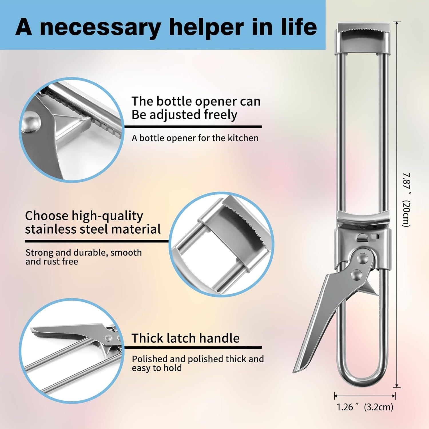 Bottle Opener & Jar Opener for Weak Hands, Adjustable Stainless Steel Can Opener, Multifunctional Jar Lid Opener Gripper for Seniors with Arthritis โ image 3