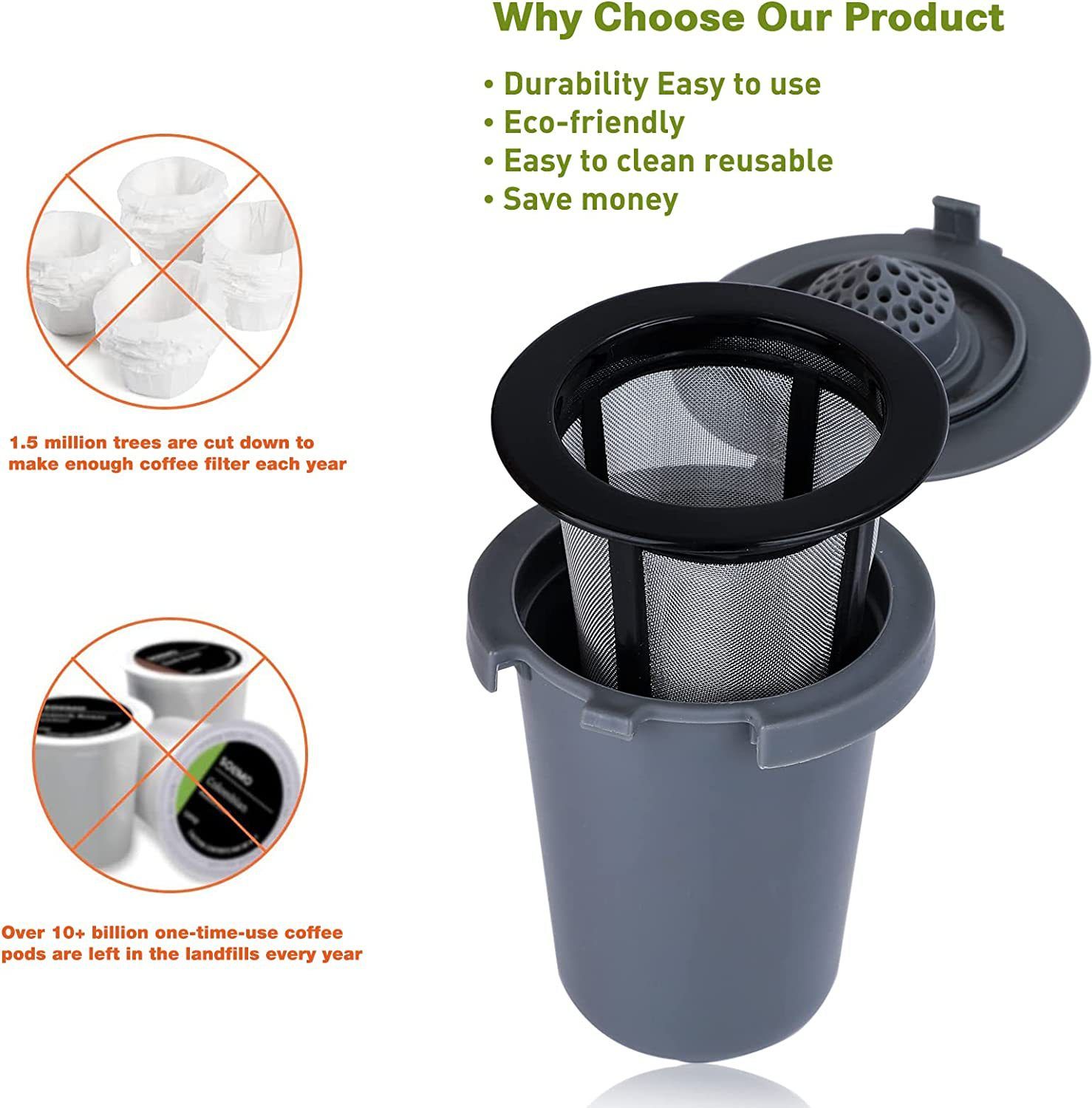 Reusable Filter Cup, Stainless Steel Mesh Filter, Special design water shower, durable filter cups, Gray(2 Pack) โ image 3