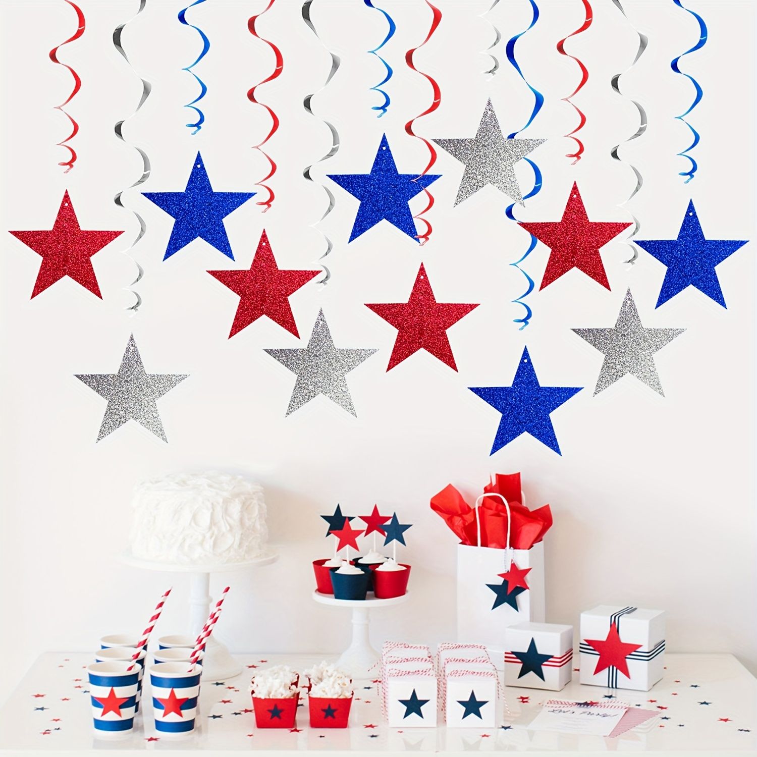 12pcs American Flag Star Garland, Patriotic Red White Blue Spiral Hanging Decorations for Independence Day, Memorial Day, Veterans Day, Home Party, 12pcs/Set — image 4