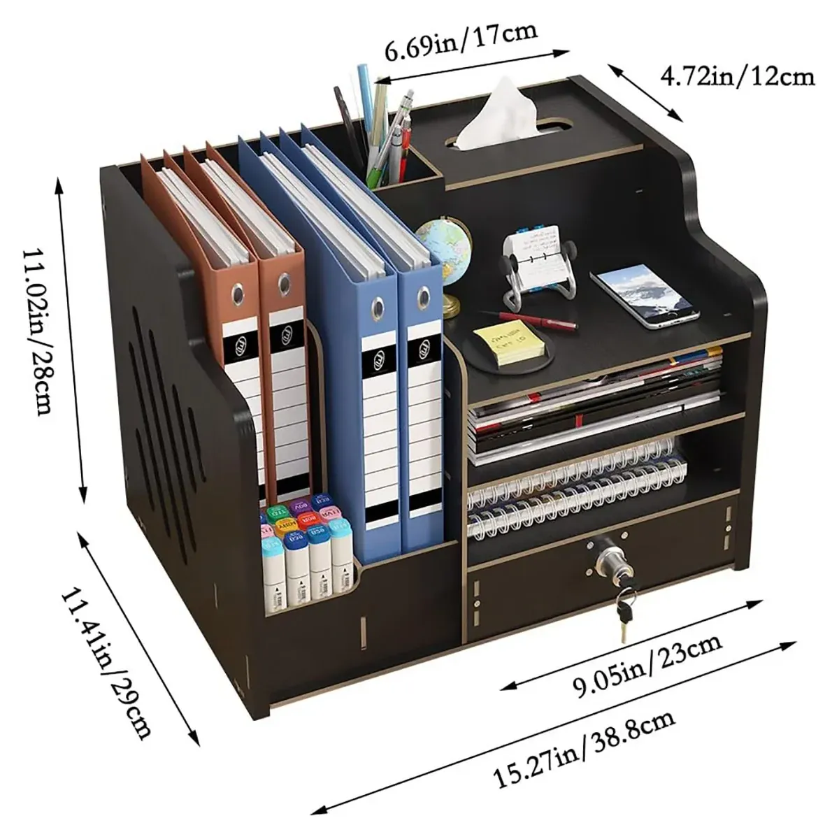 Wooden Desktop Storage Box with Locking Drawer Space Saving for Home Office Use - Wood — image 4