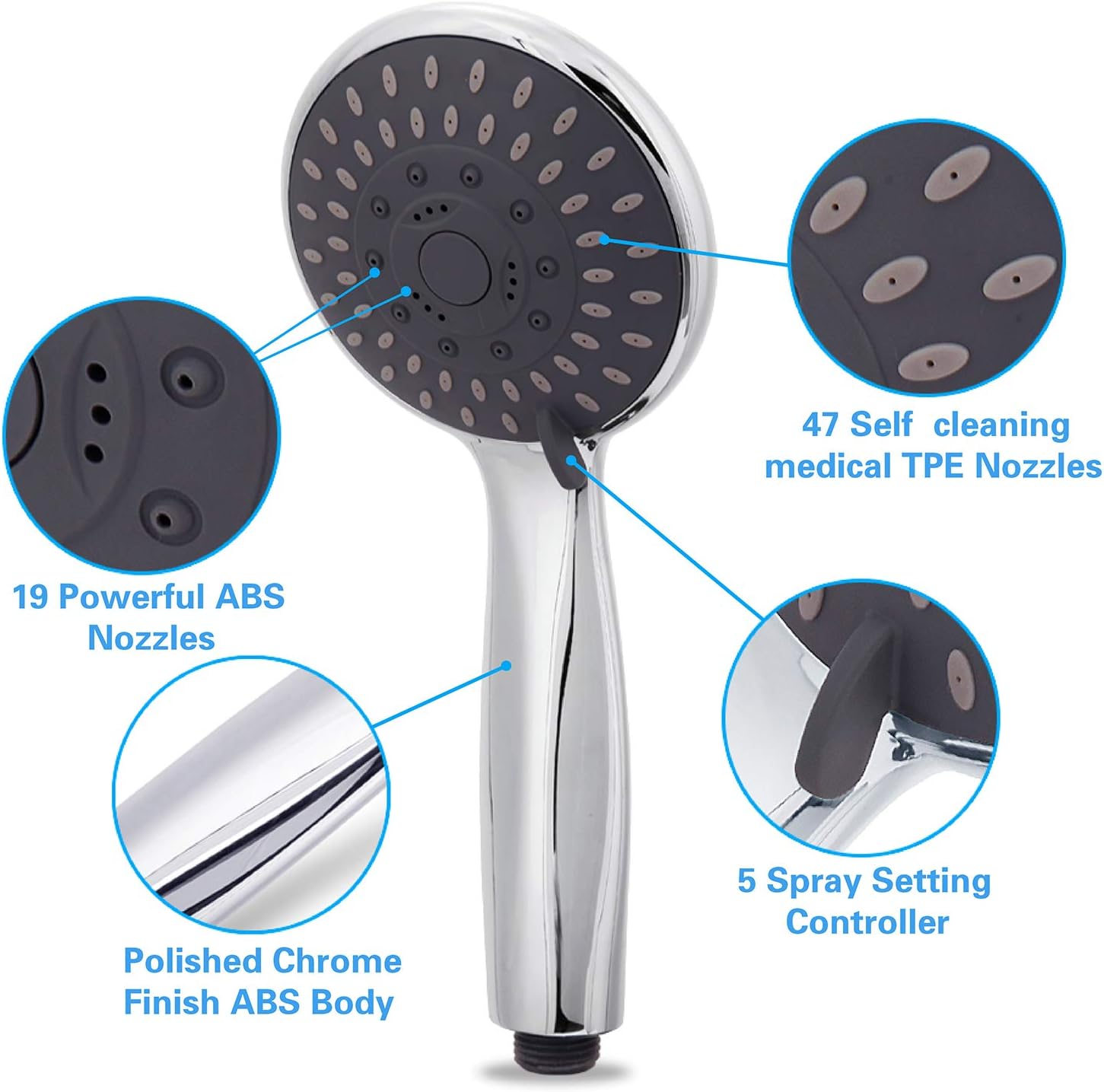 High Pressure Handheld Shower Head 5-Settings Powerful Water Spray Shower Head against Low Pressure Water Flow with Stainless Hose and Adjustable Mount — image 4