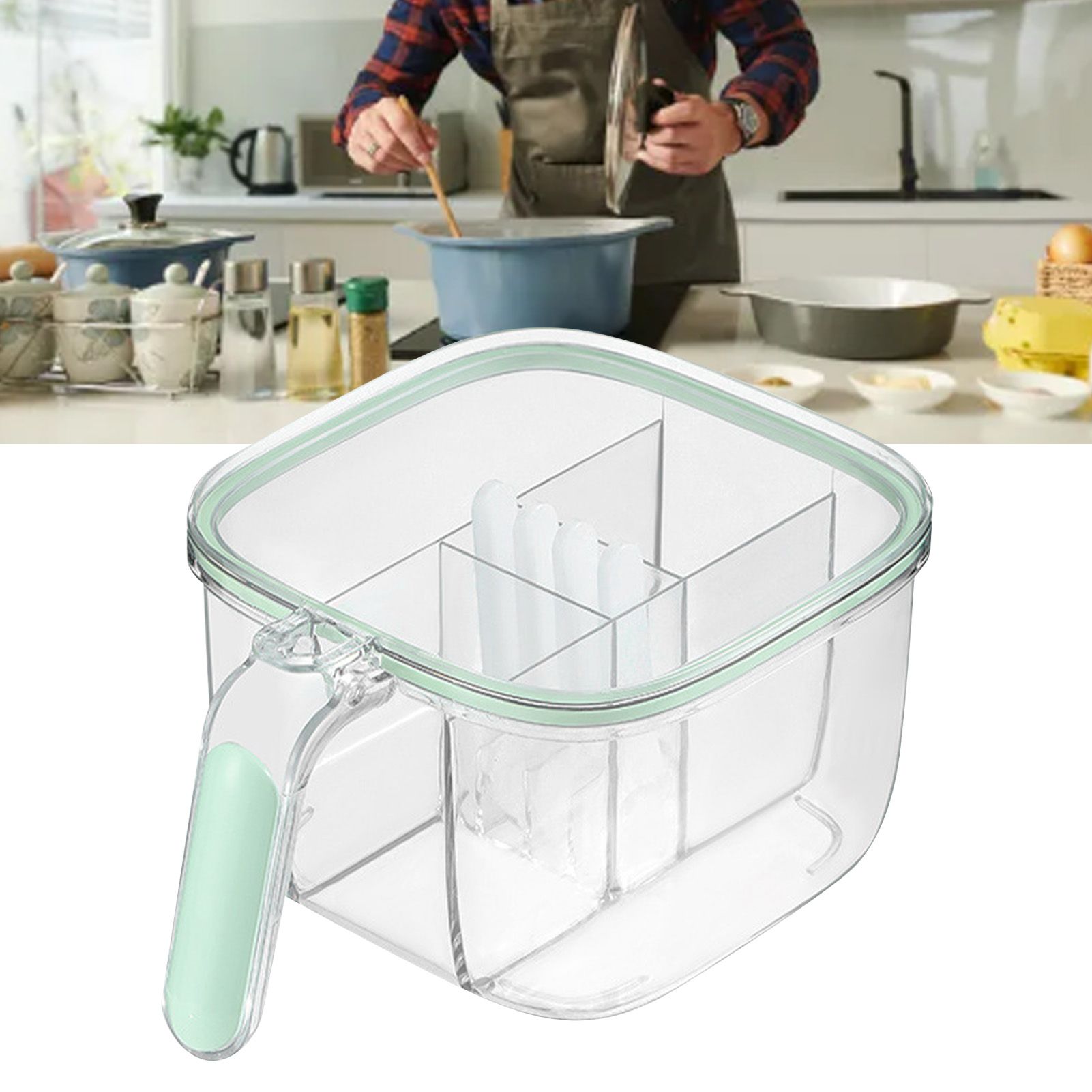 Seasoning Box 4 Compartments Transparent Window Strong PET Seasoning Jar with 4 Spoons for Home Kitchen Cooking Light Green โ image 6